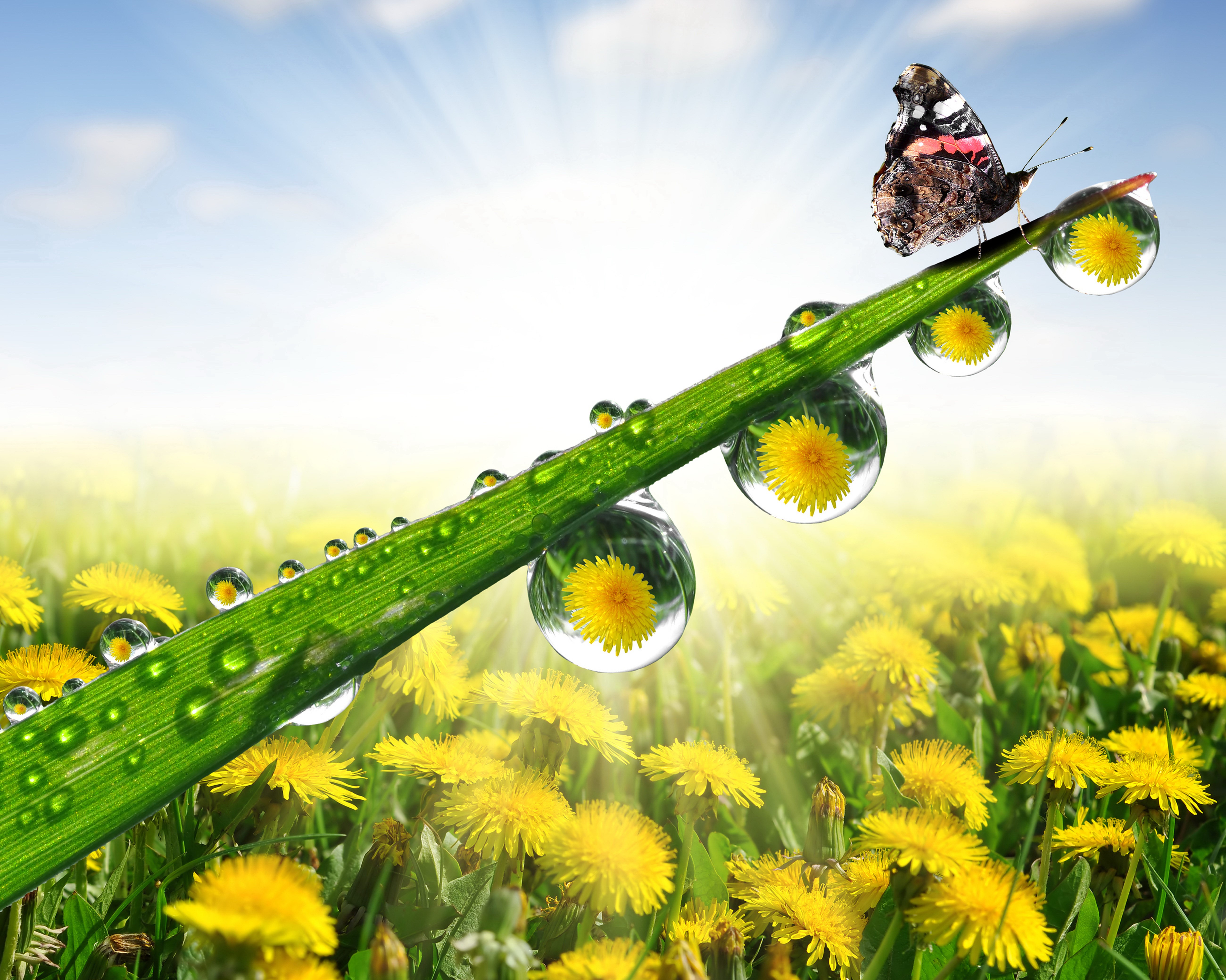 Butterfly on a blade of grass with dandelions HD Wallpaper