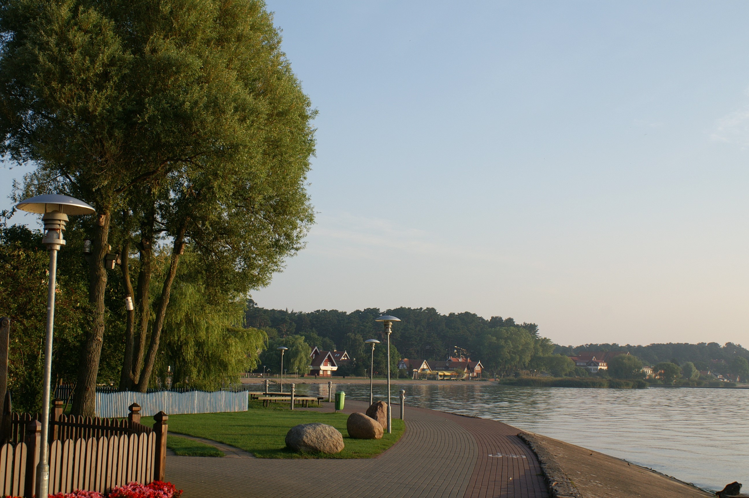 Lakeside promenade with trees and houses in Lithuania HD Wallpaper