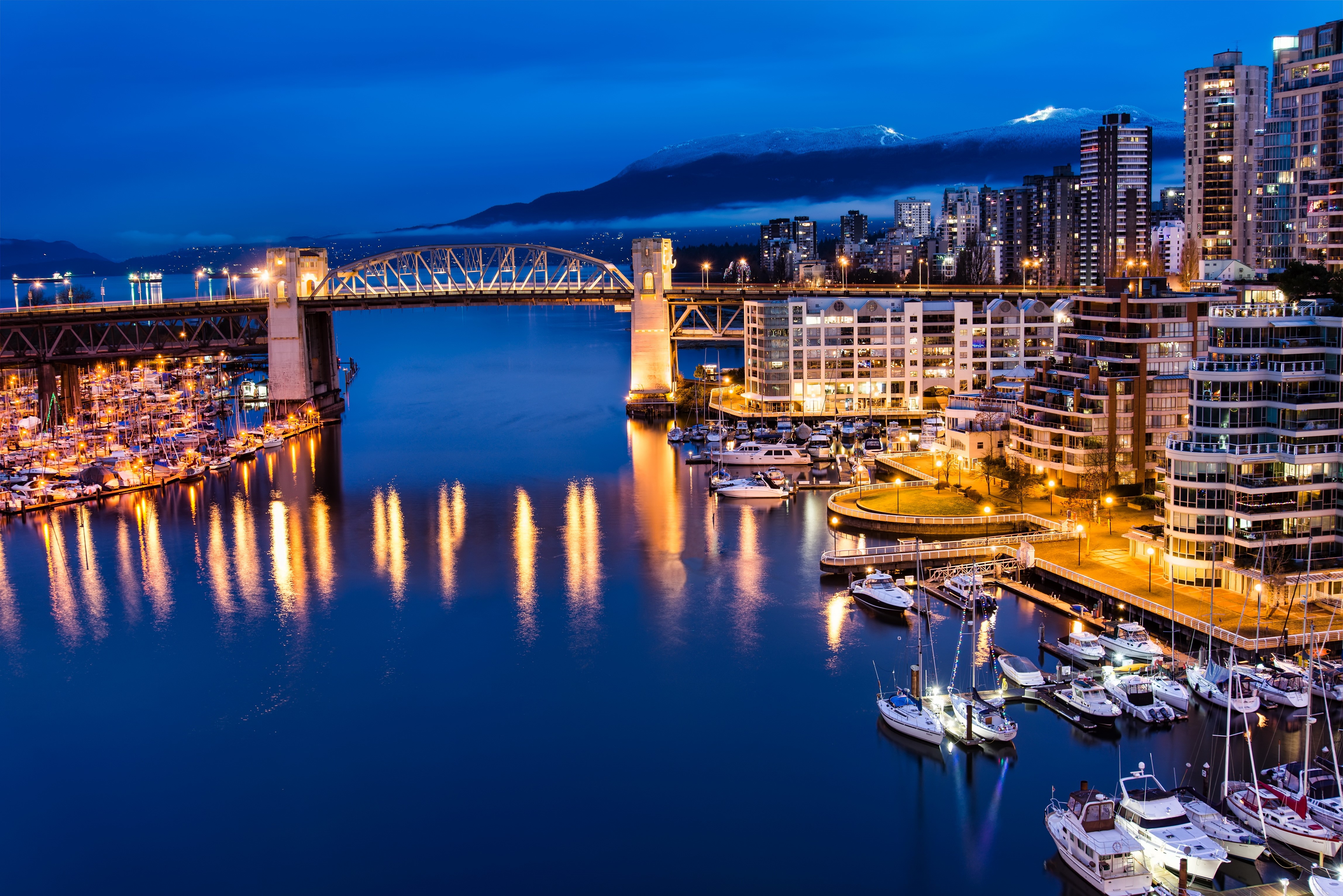 Vancouver Canada Night Cityscape with Bridge and Marina HD Wallpaper