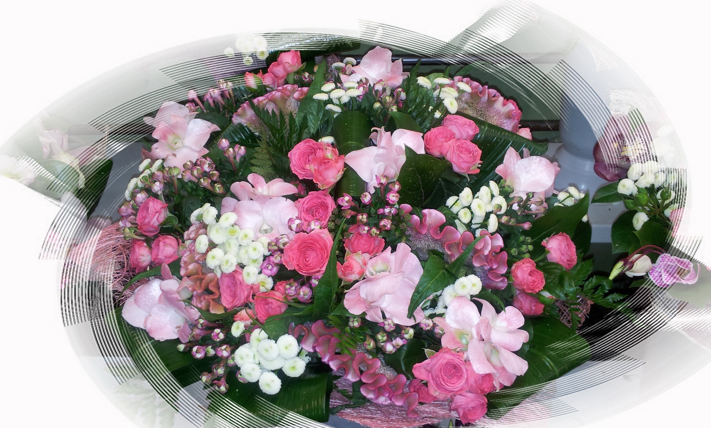 Pink and white flower bouquet with green leaves HD Wallpaper