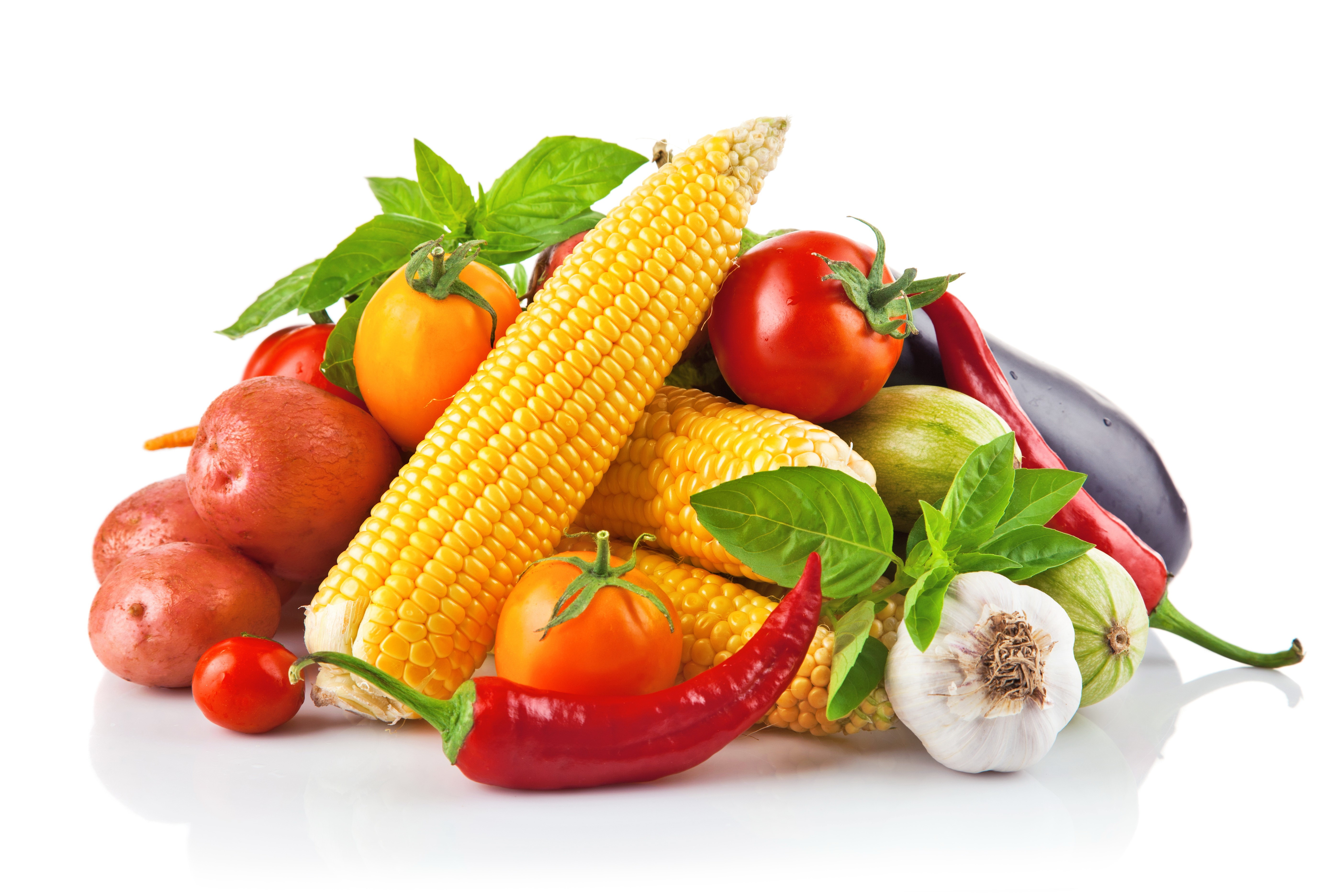 Assortment of fresh vegetables including corn, tomatoes, potatoes, garlic, and peppers HD Wallpaper