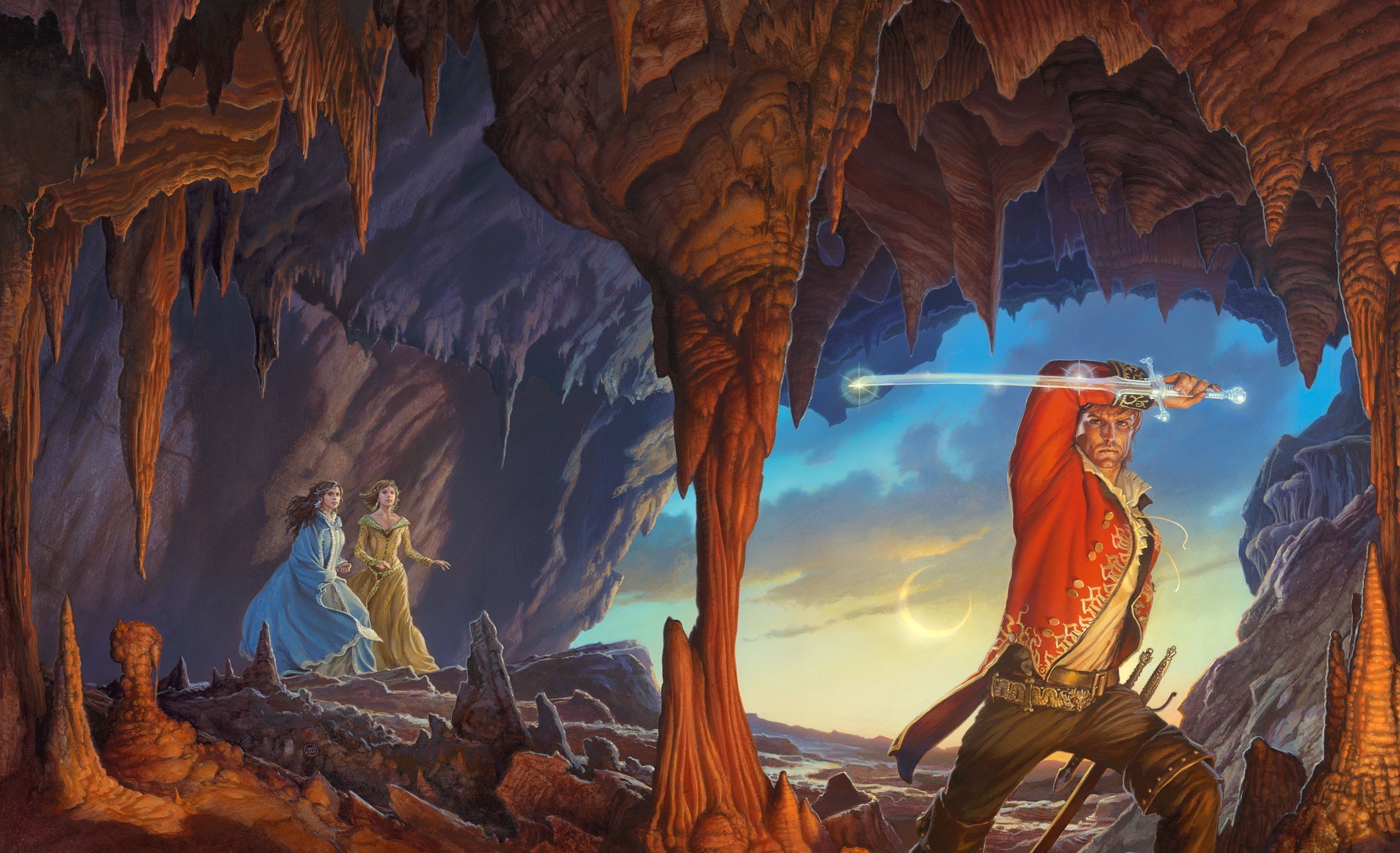Man with sword in cave with two women HD Wallpaper