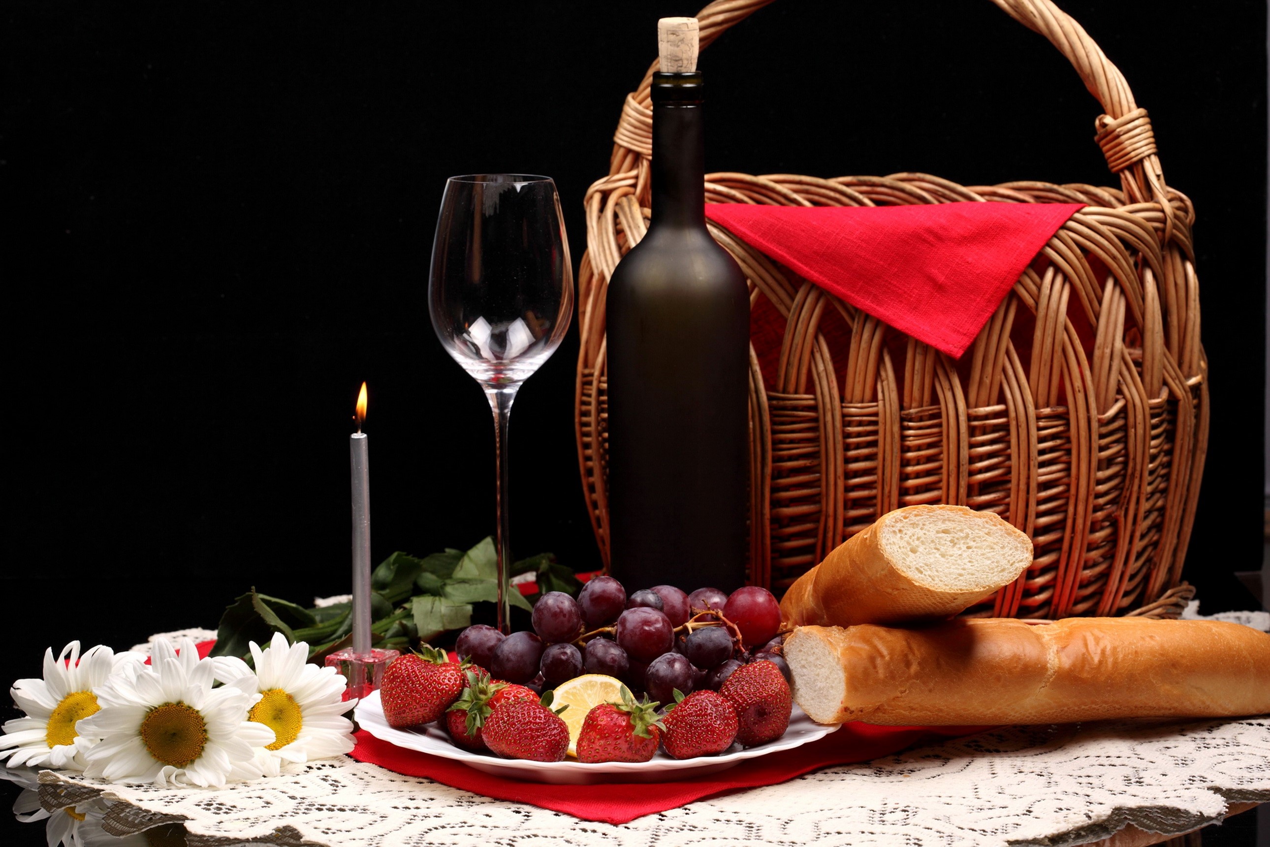 Still-life with wine, fruit, bread, and candle HD Wallpaper