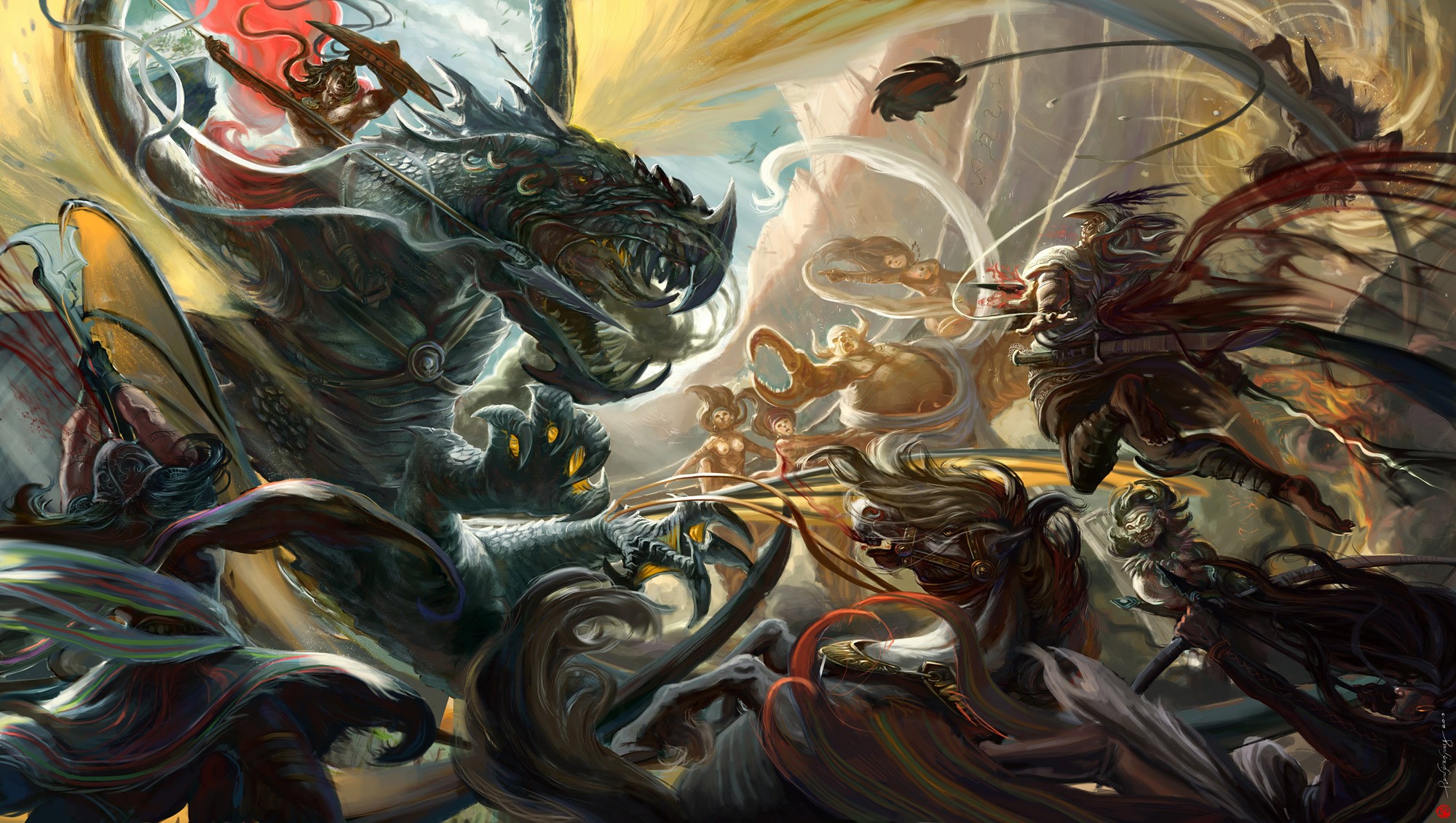 Dragon battle with warriors and spears HD Wallpaper