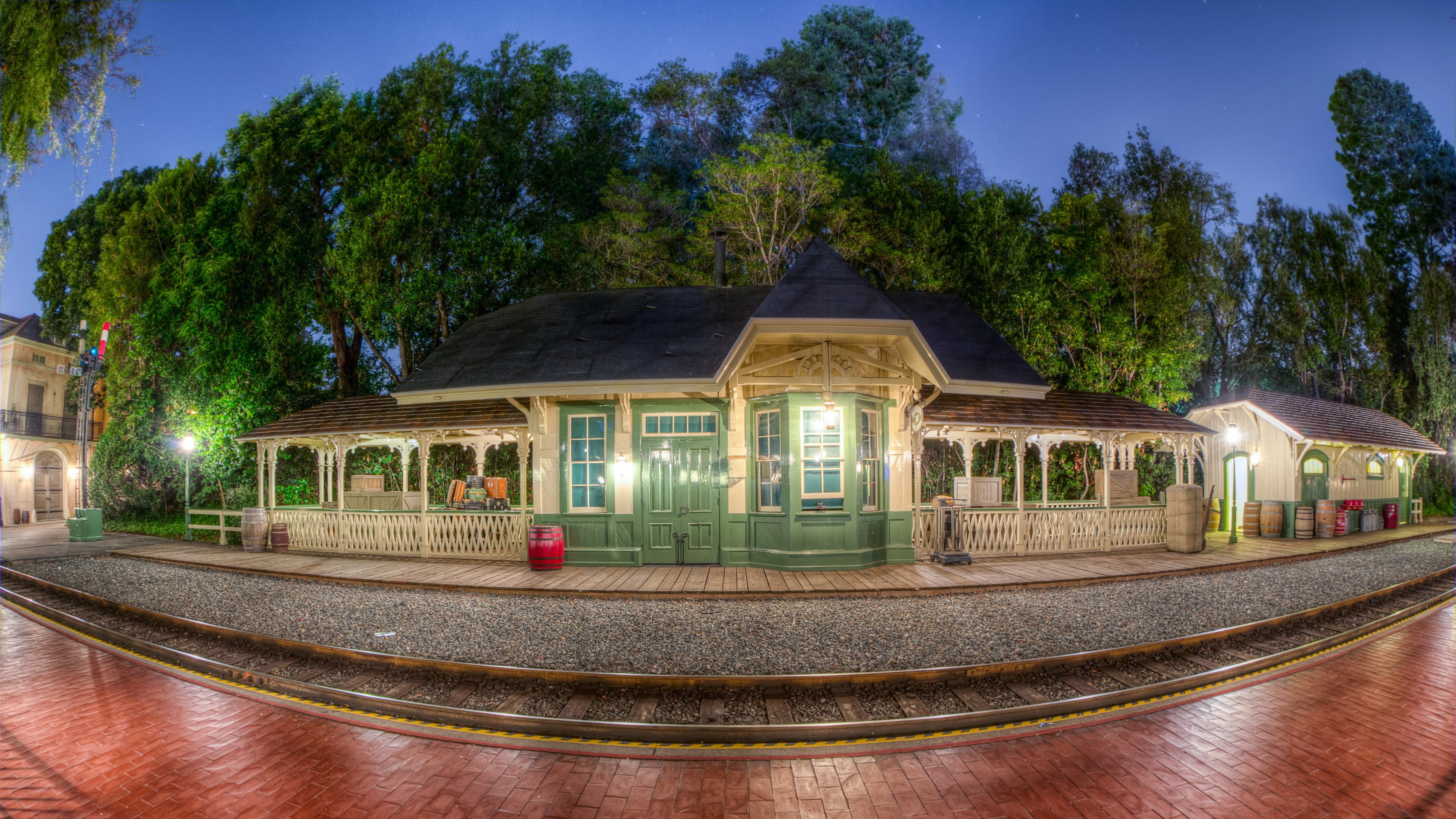 Disneyland Railroad Station in California at Night HD Wallpaper