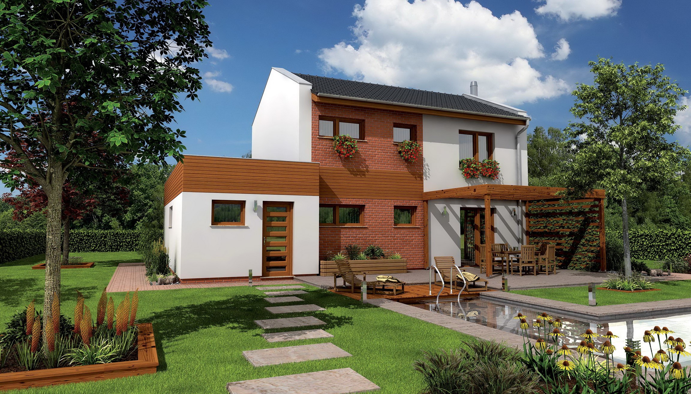 Modern house with swimming pool and garden HD Wallpaper