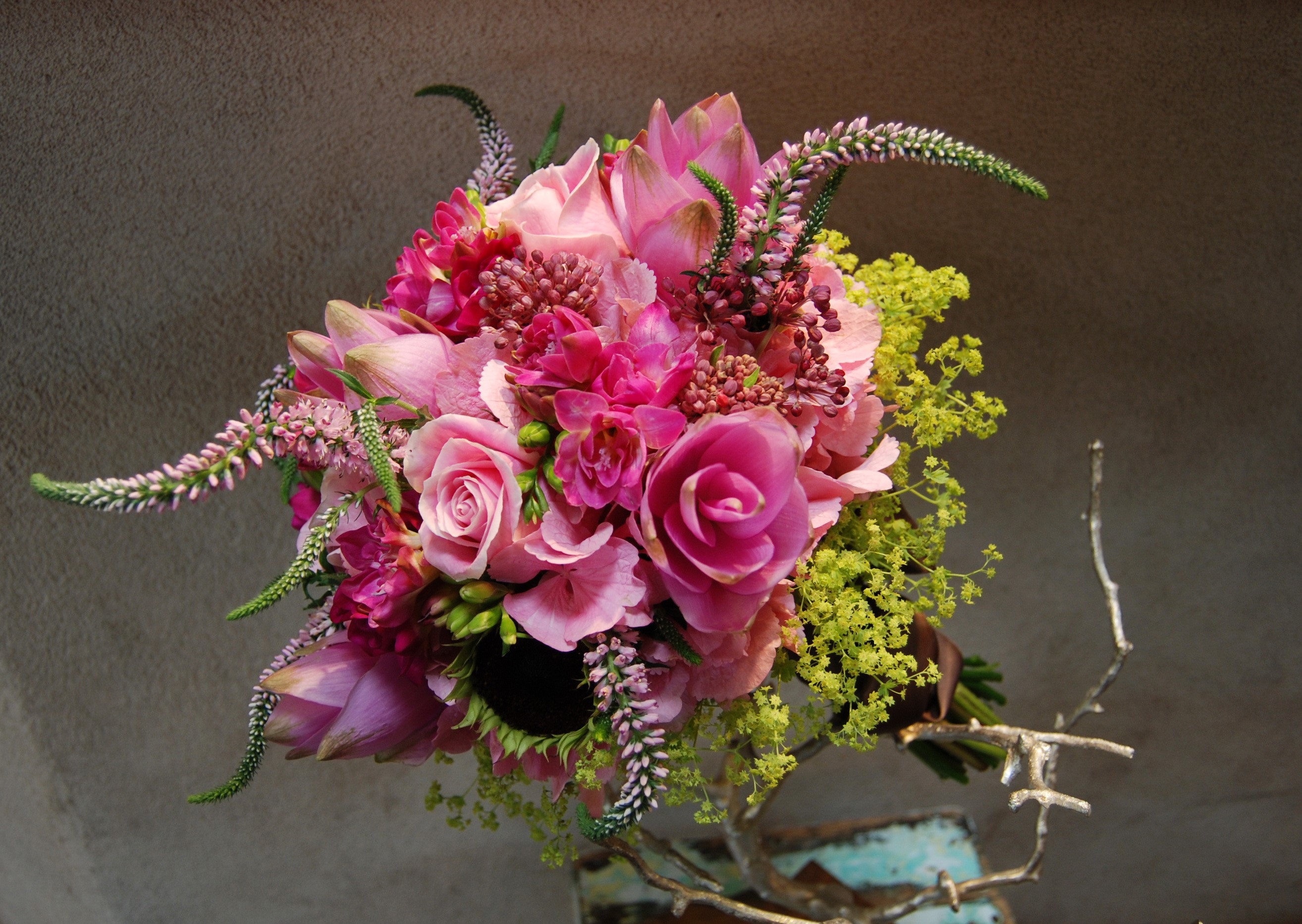 Pink and purple floral bouquet with green accents HD Wallpaper