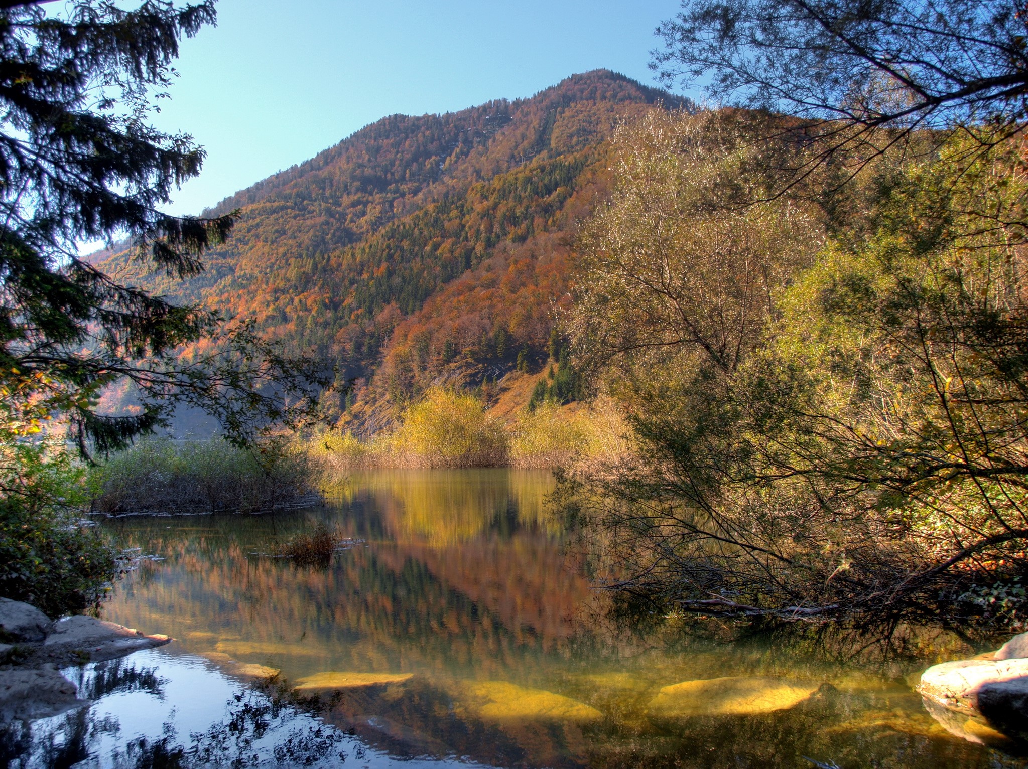 Autumn mountain lake scenery in the Alps HD Wallpaper