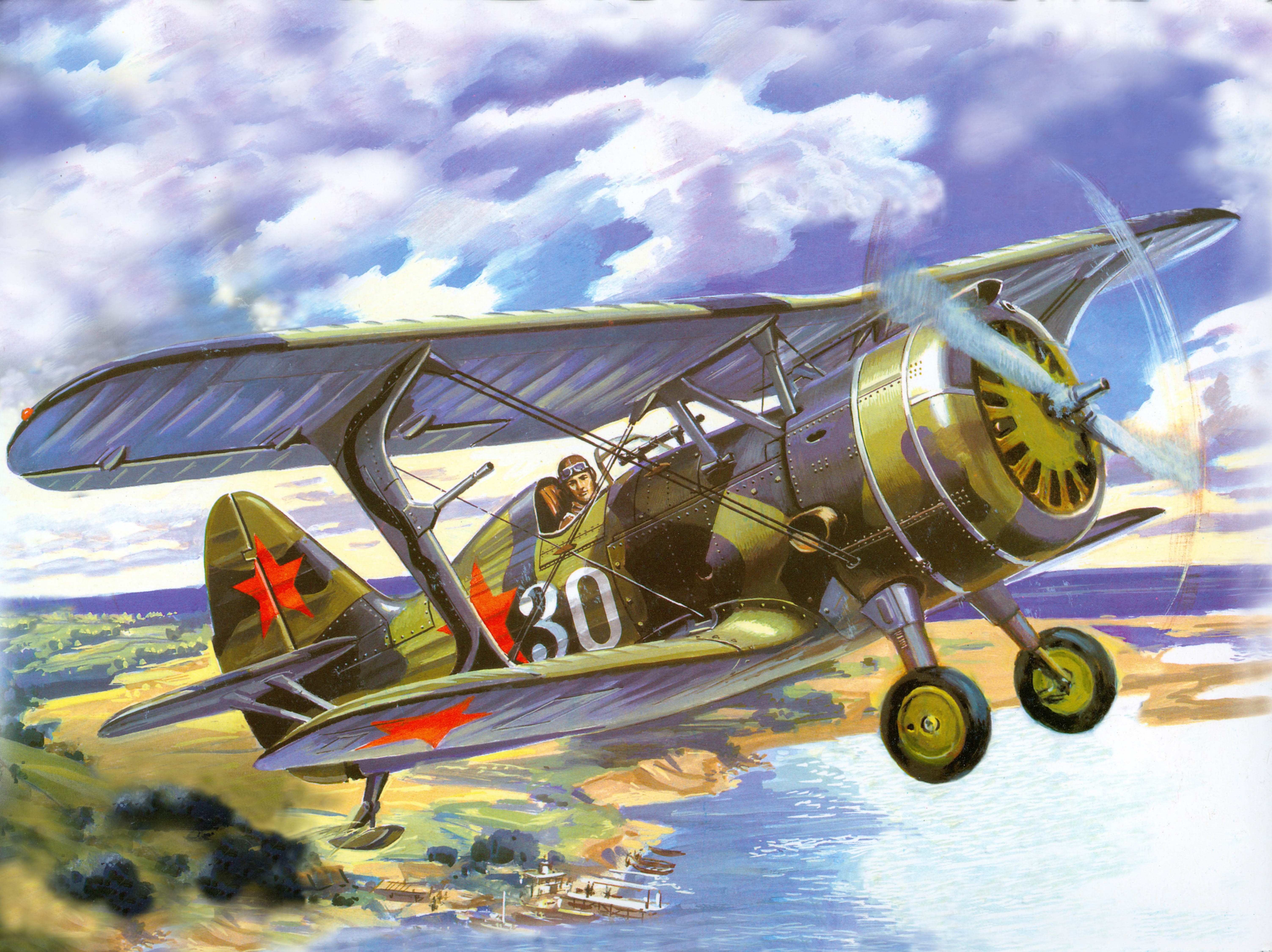 Biplane with red stars in flight over a river HD Wallpaper