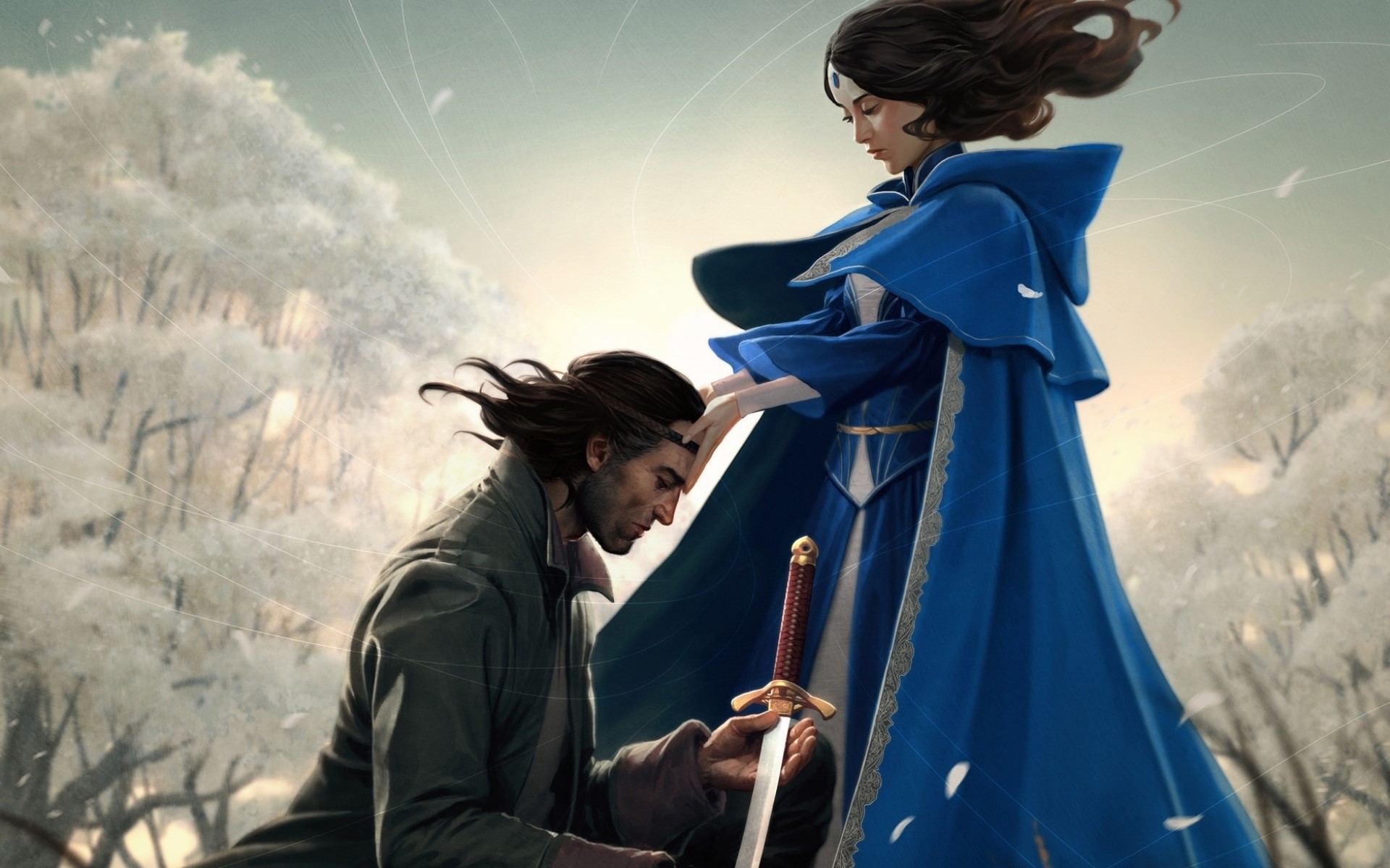 Woman places crown on kneeling man's head HD Wallpaper