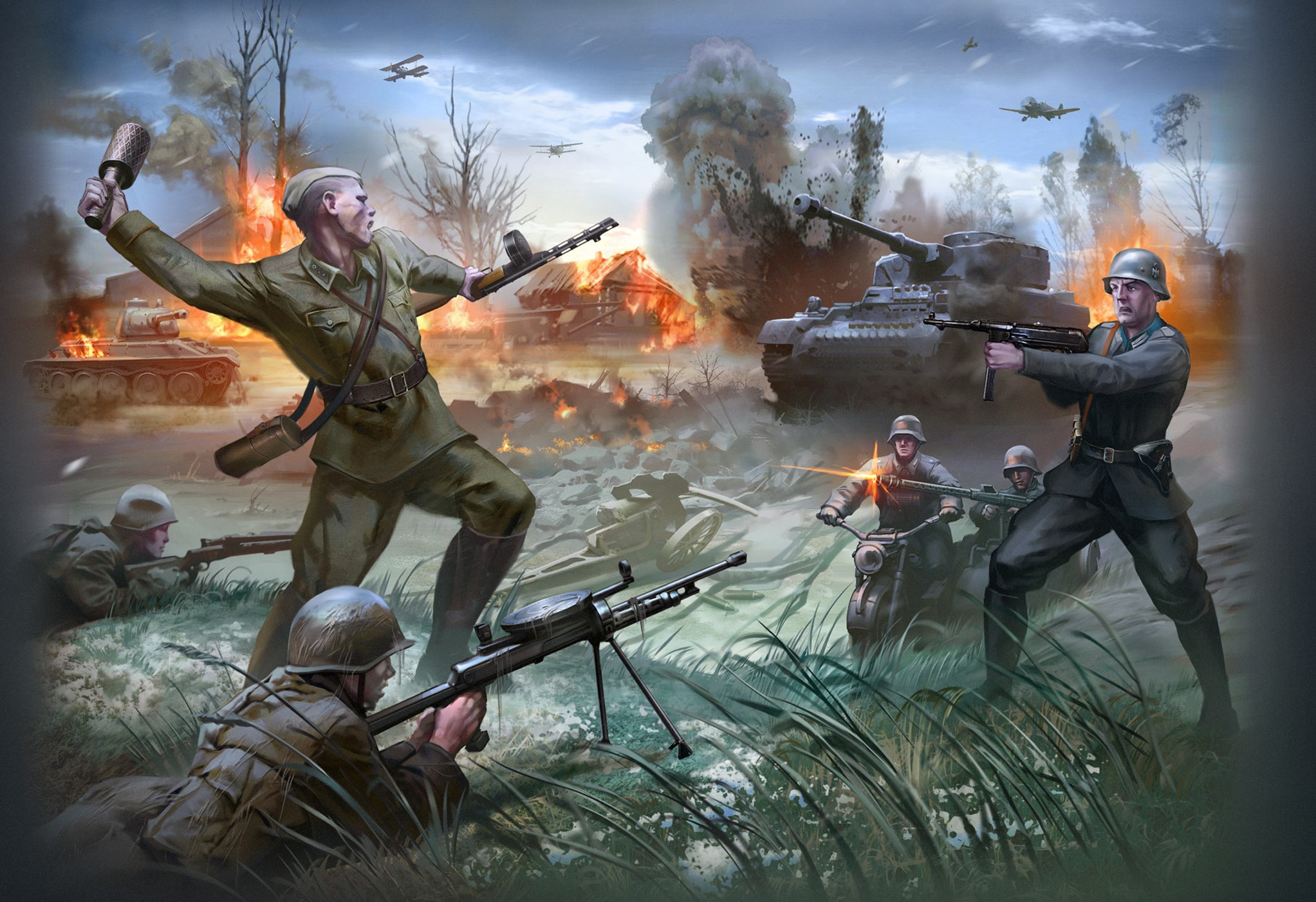 Soldiers in battle with tanks and airplanes HD Wallpaper