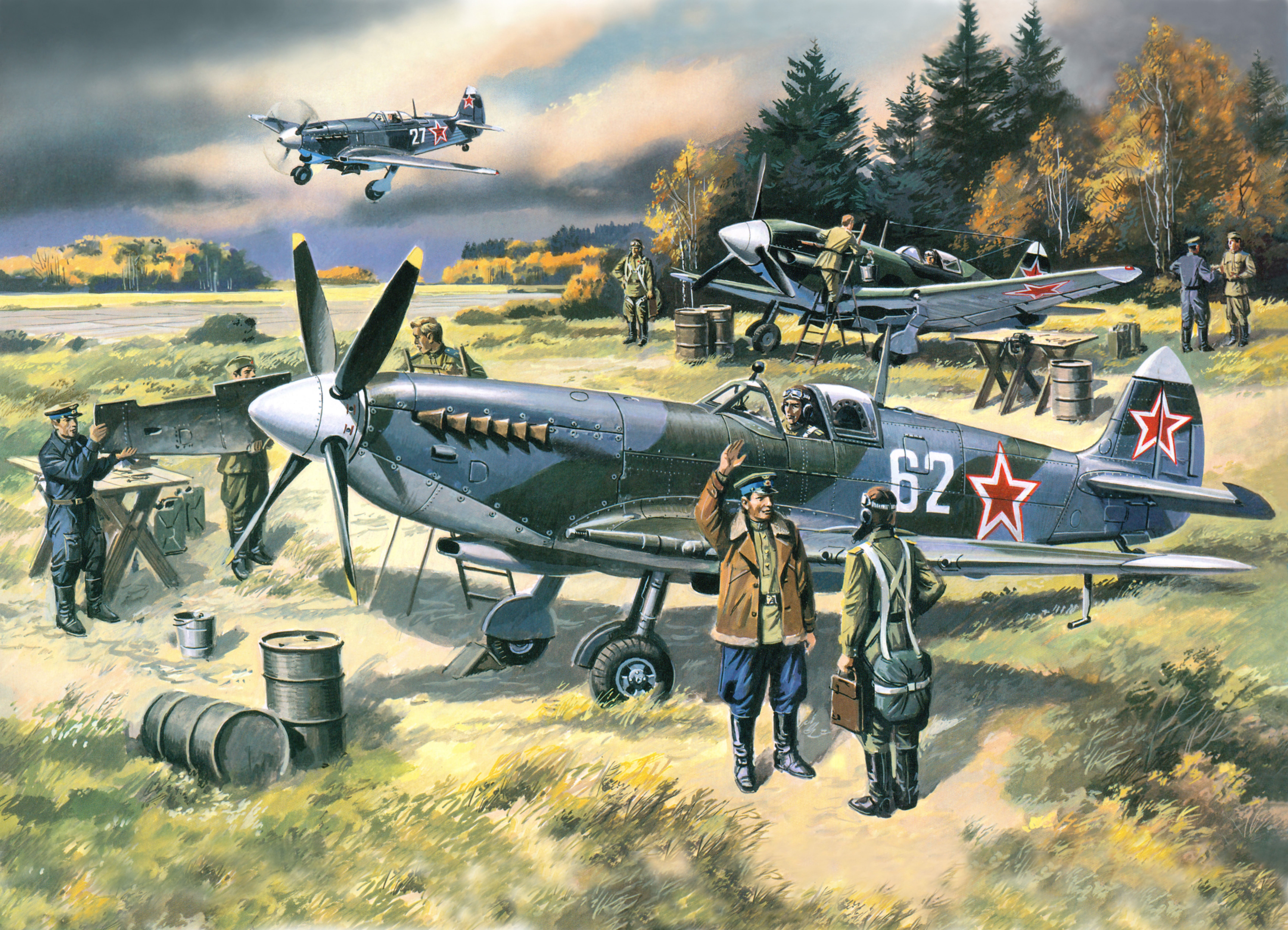 Soviet Fighters on a Field HD Wallpaper