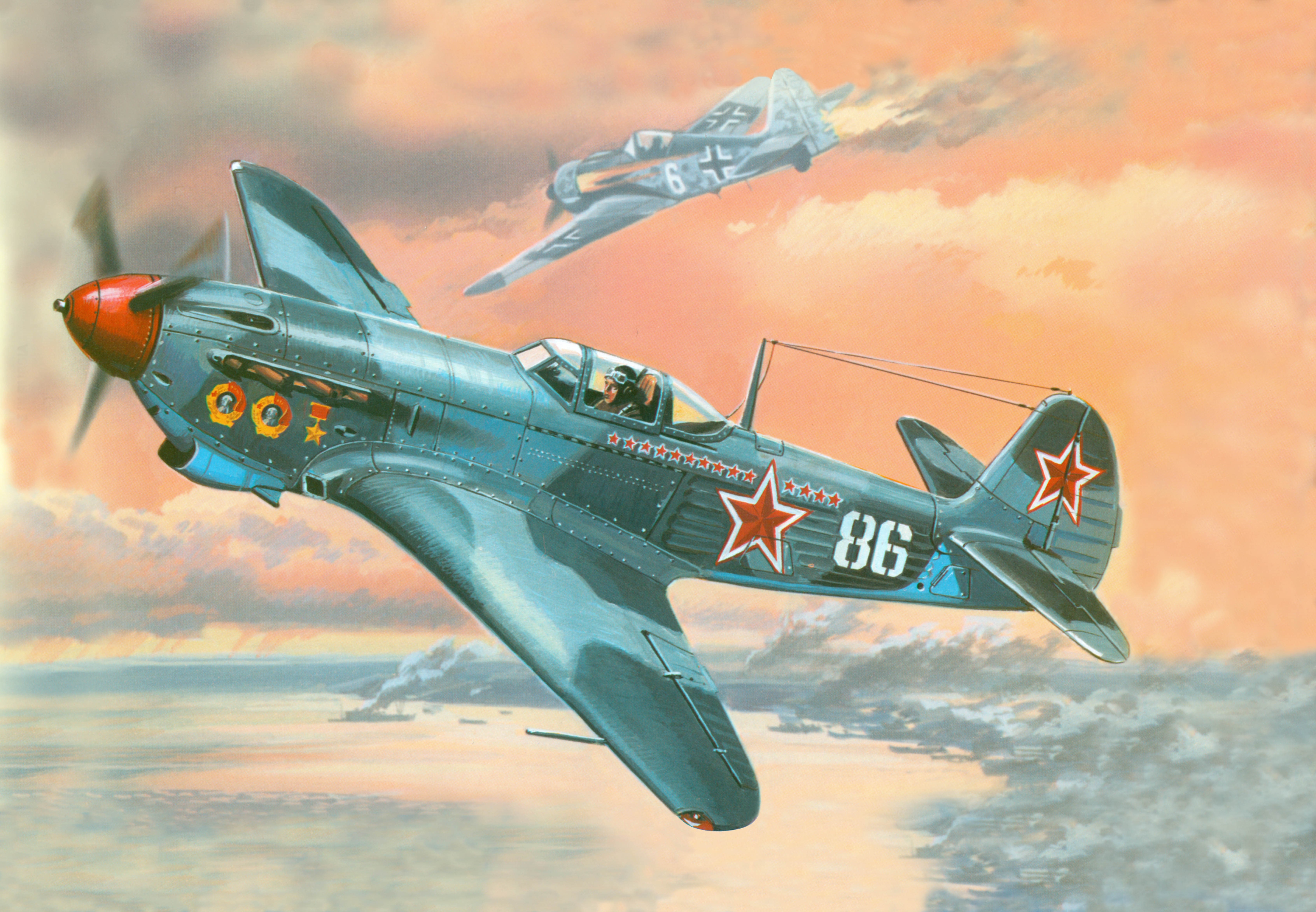 Soviet and German fighter planes in combat HD Wallpaper