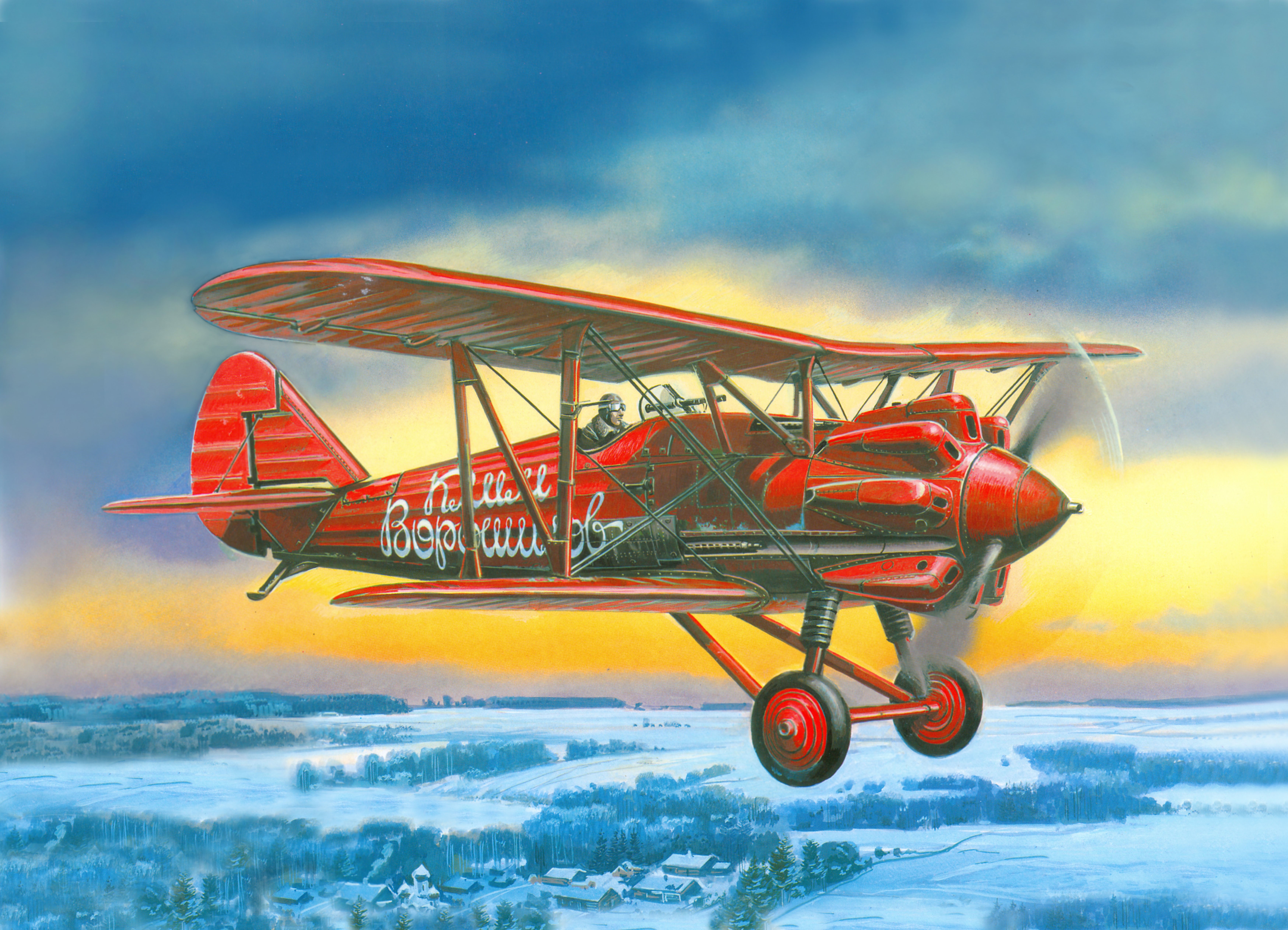 Red Polikarpov I-5 biplane flying over a winter landscape HD Wallpaper