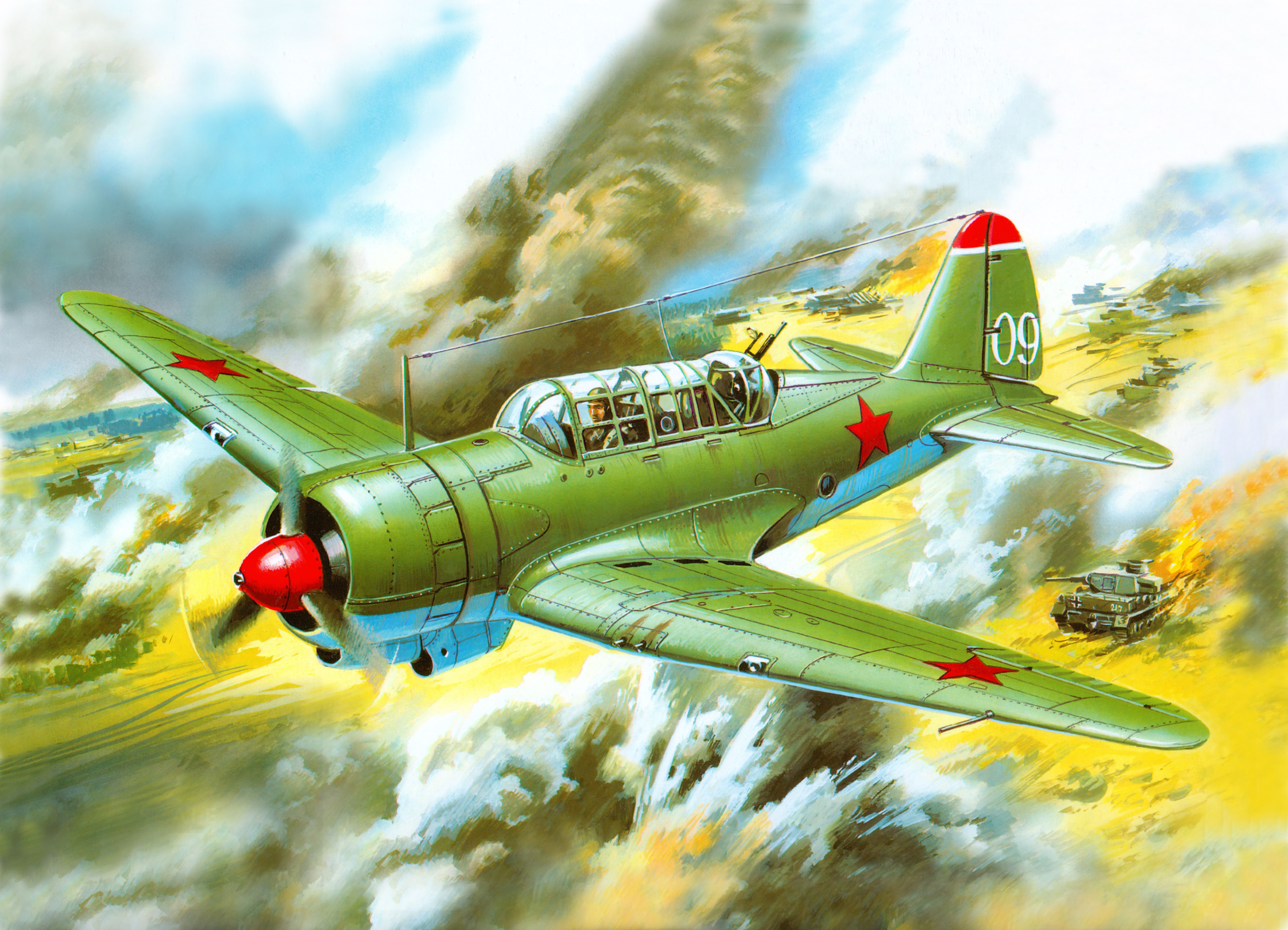 Sukhoi Su-2 airplane in flight over a battlefield HD Wallpaper