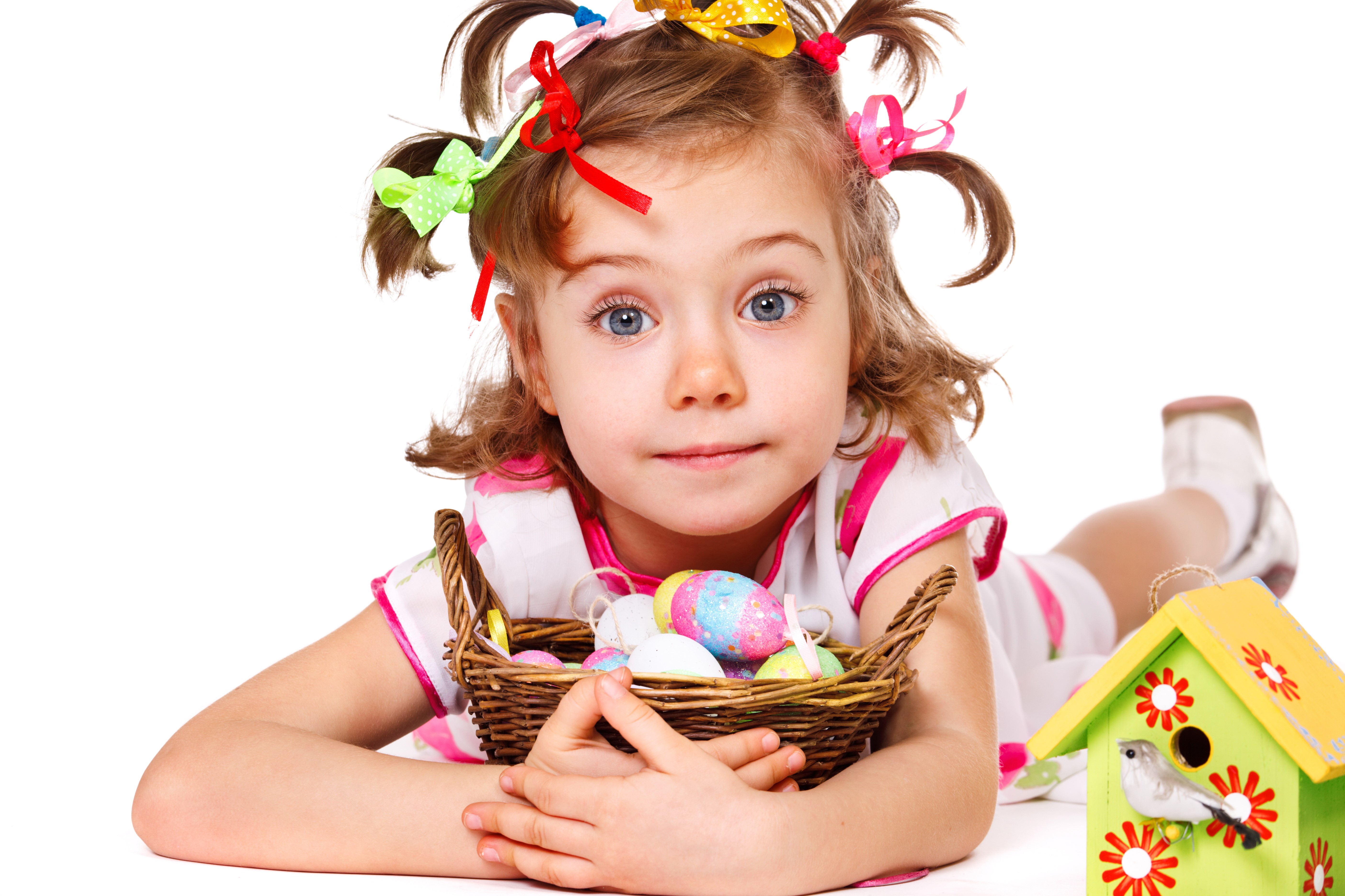Little girl with Easter eggs and birdhouse HD Wallpaper