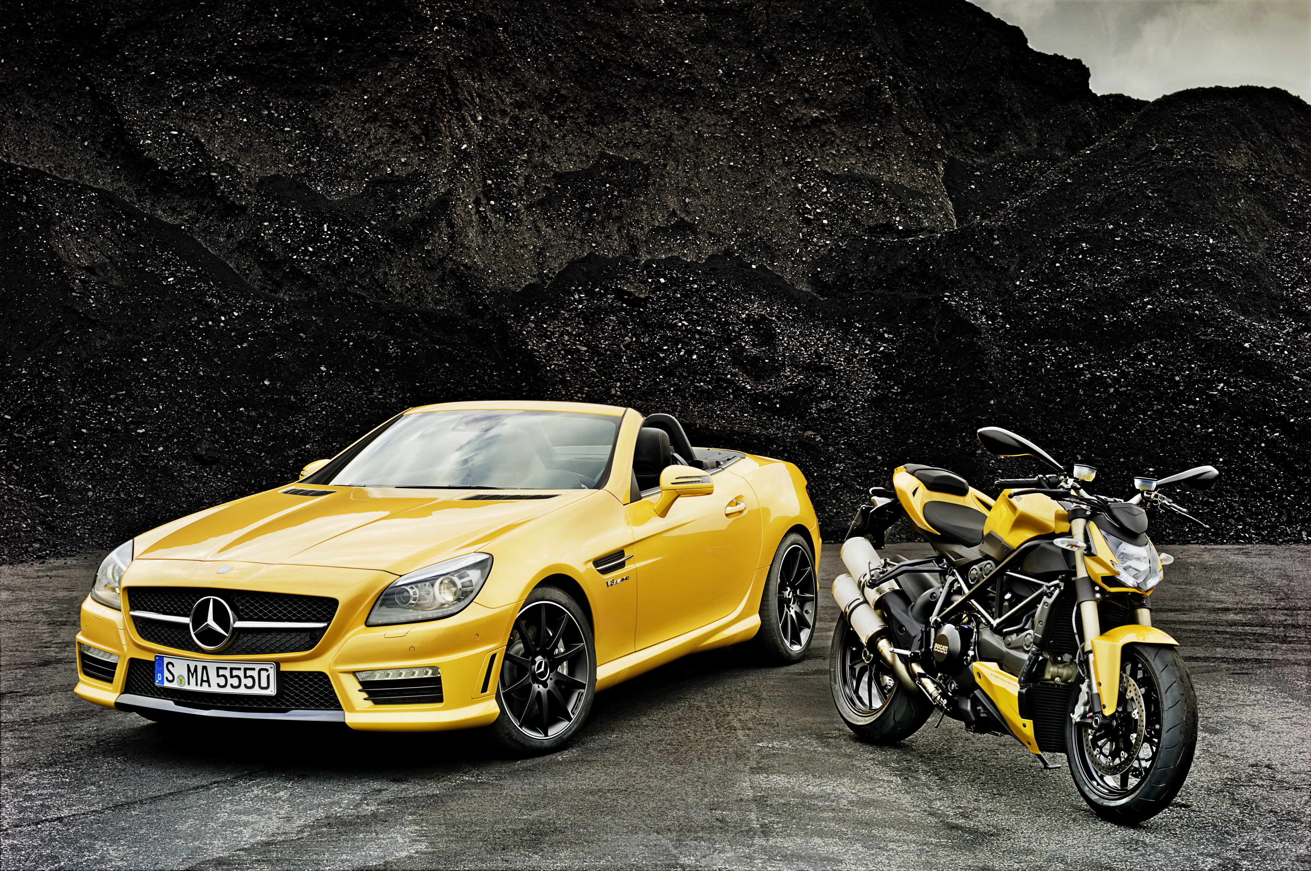 Yellow Mercedes-Benz Cabriolet and Motorcycle HD Wallpaper