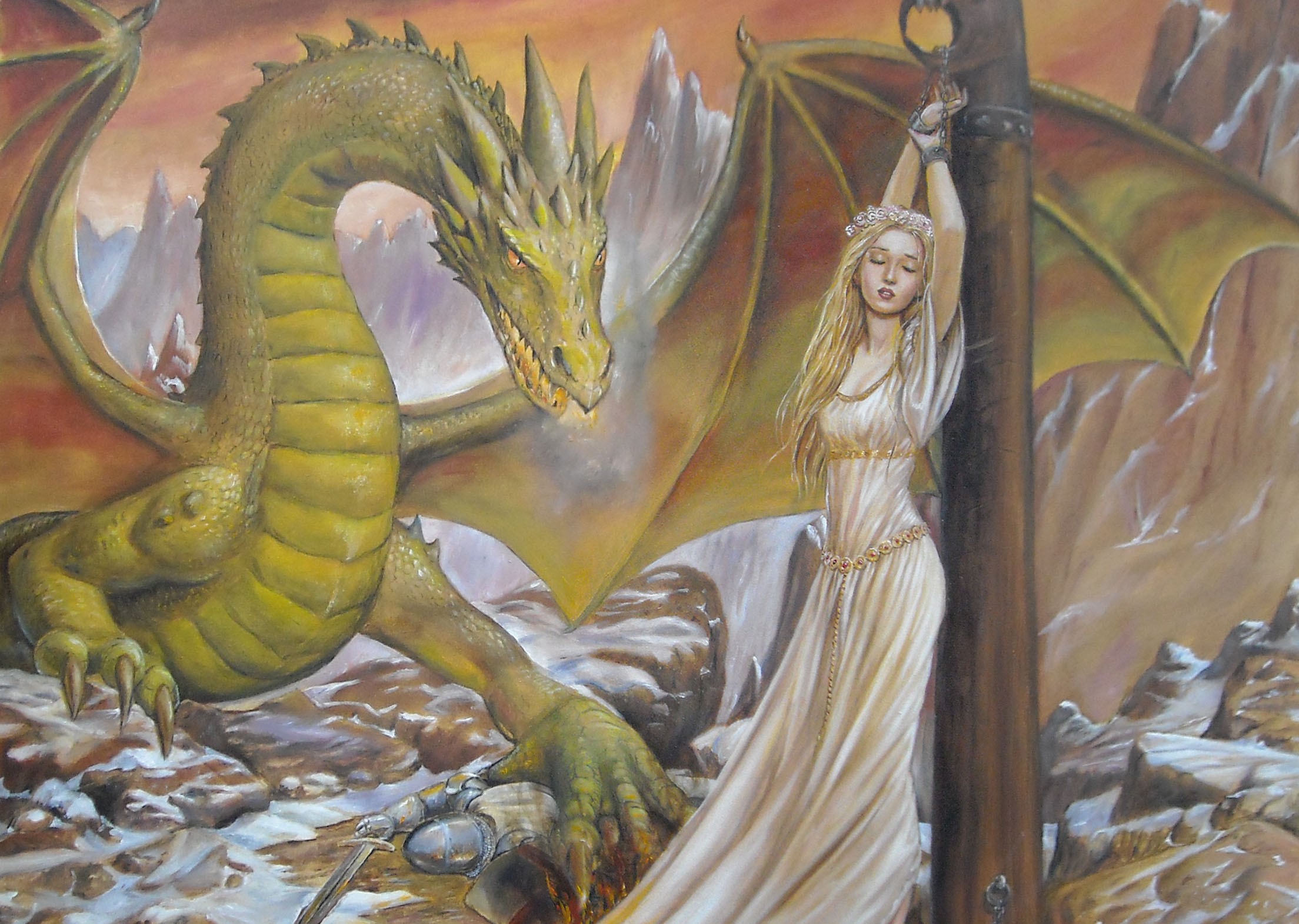 Dragon and a captive maiden HD Wallpaper