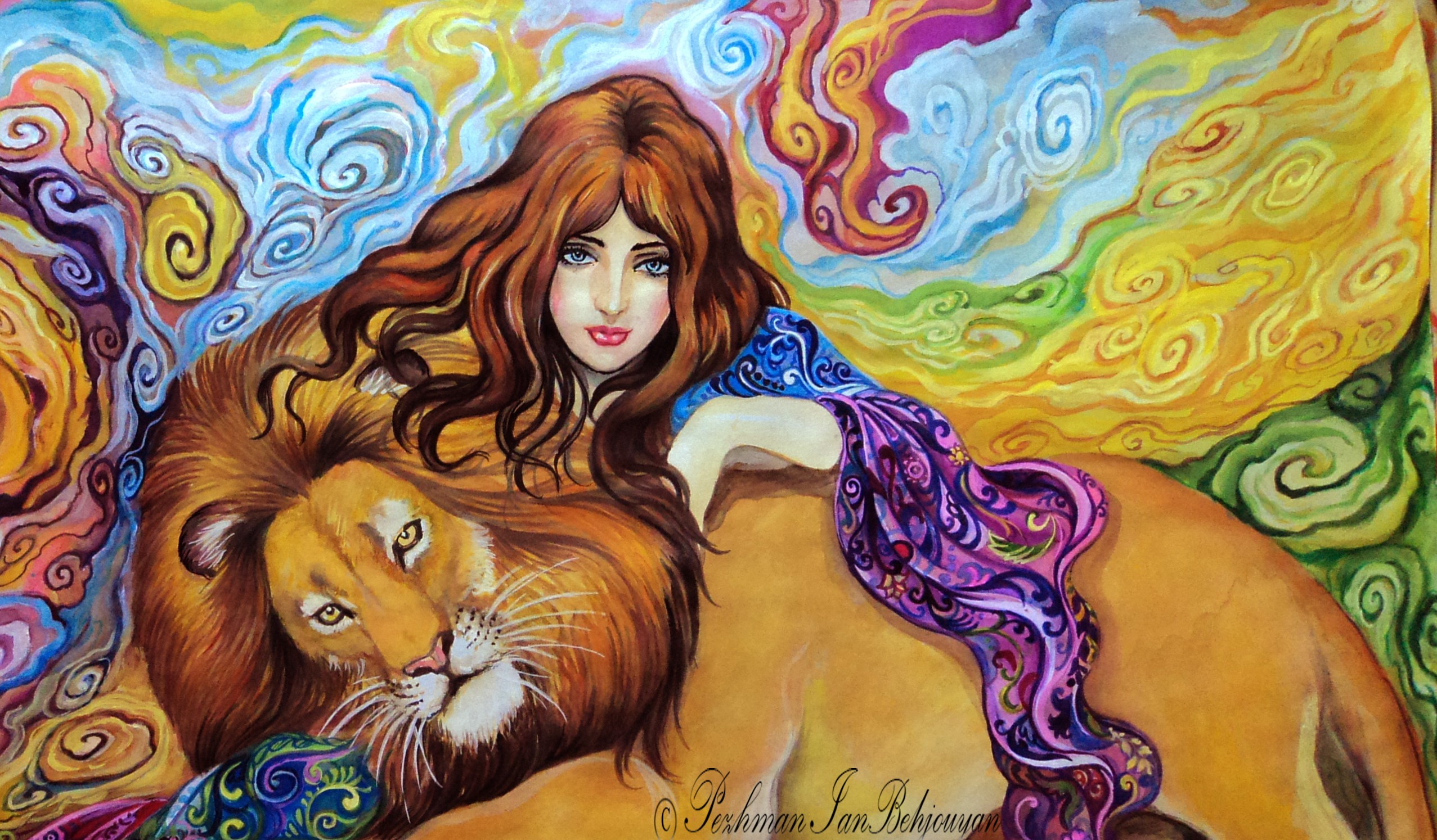 Painting of a woman and a lion HD Wallpaper