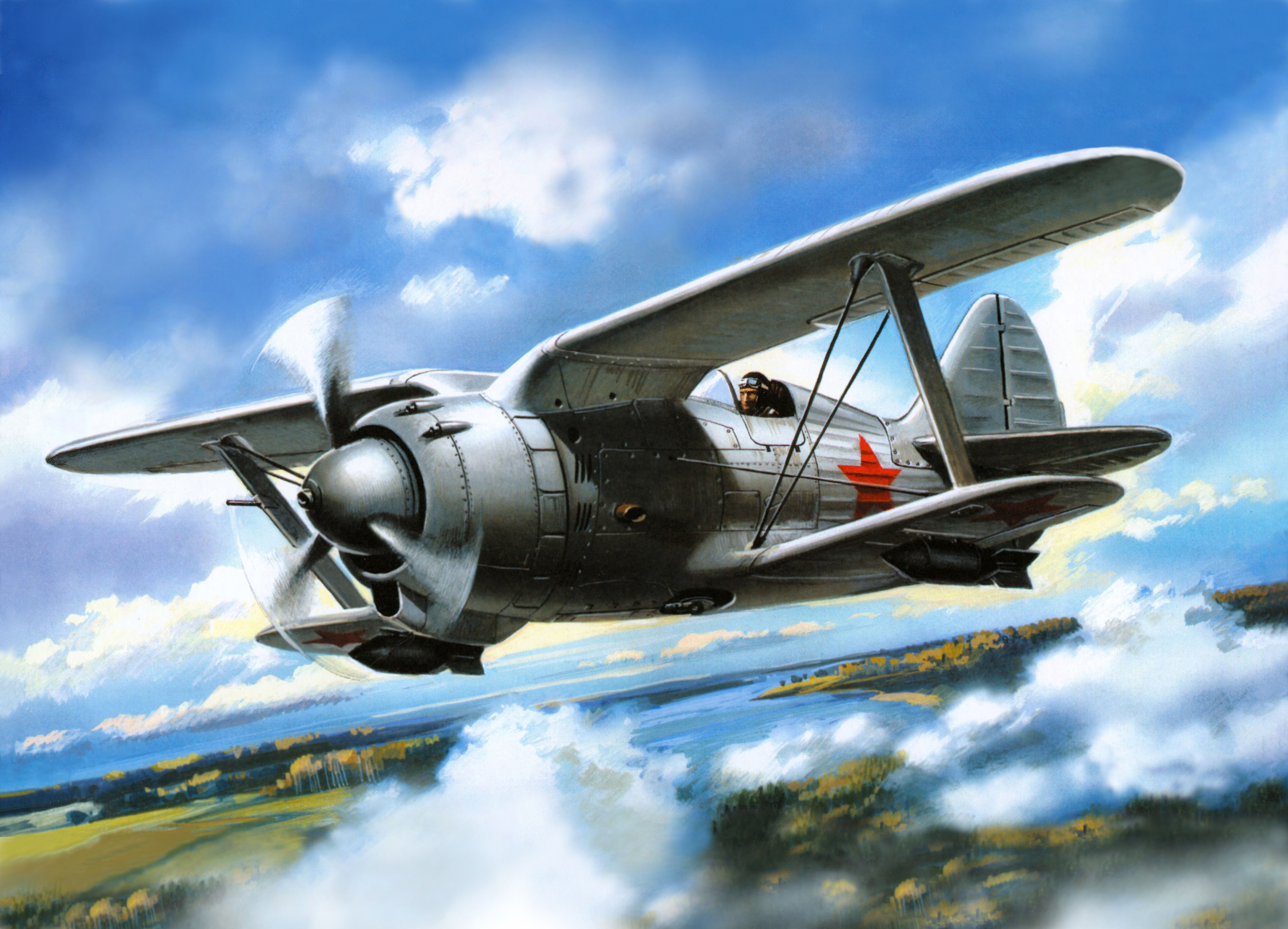 Biplane with Red Star Flying Over Landscape HD Wallpaper