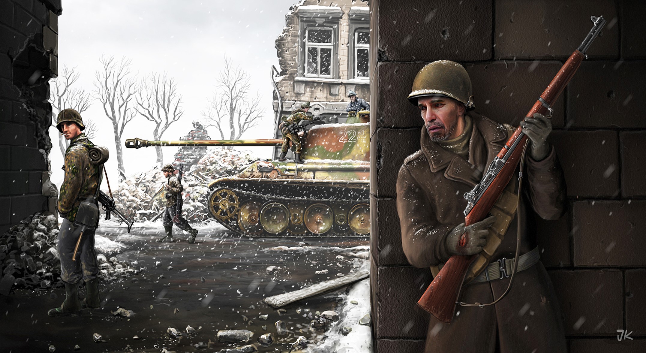 Soldiers and Tank in a Snowy Battle Scene HD Wallpaper