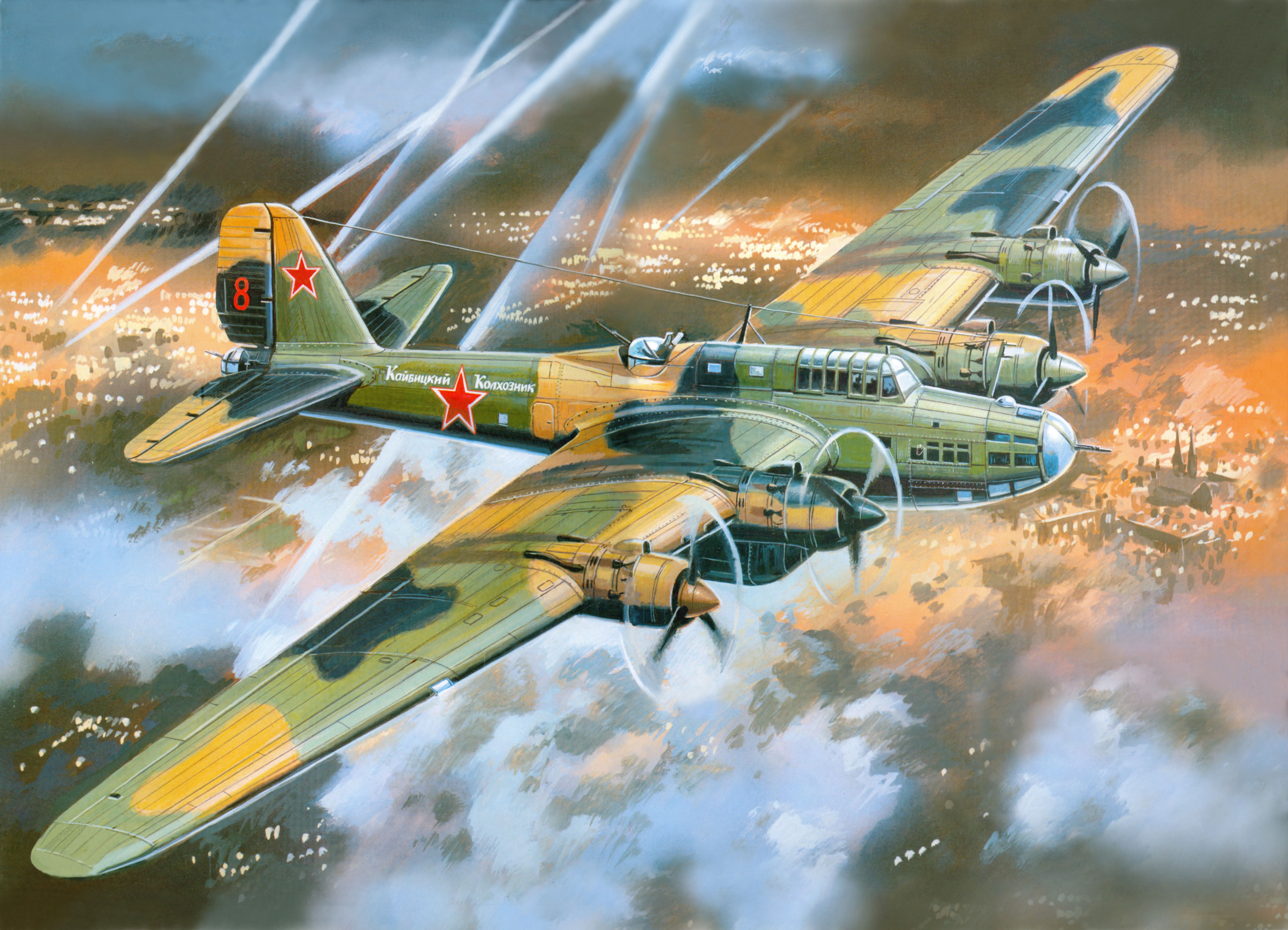 Painting of a Soviet Pe-8 bomber flying over a city at night HD Wallpaper