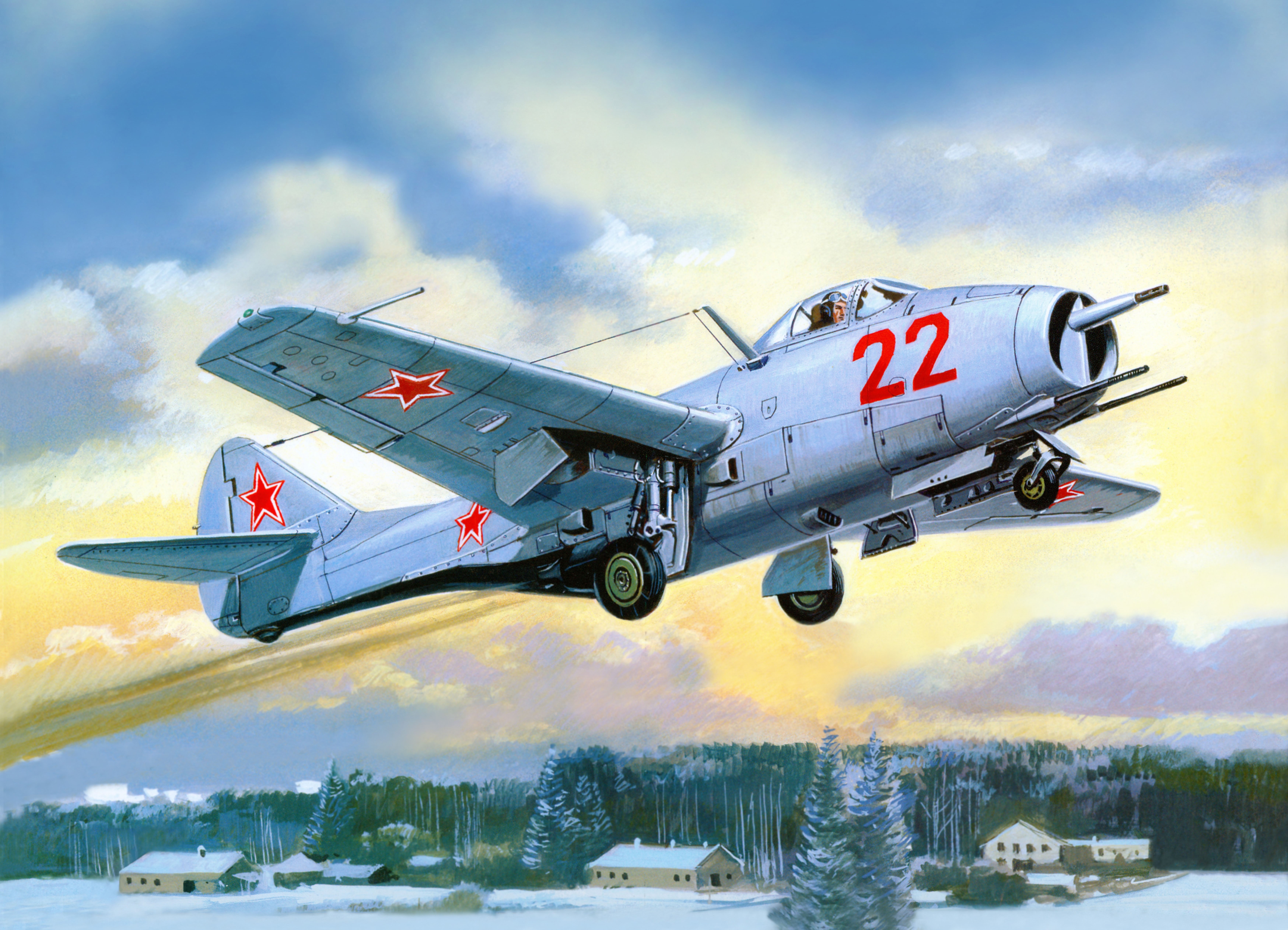 MiG-9 Airplane Taking Off Over Winter Landscape HD Wallpaper
