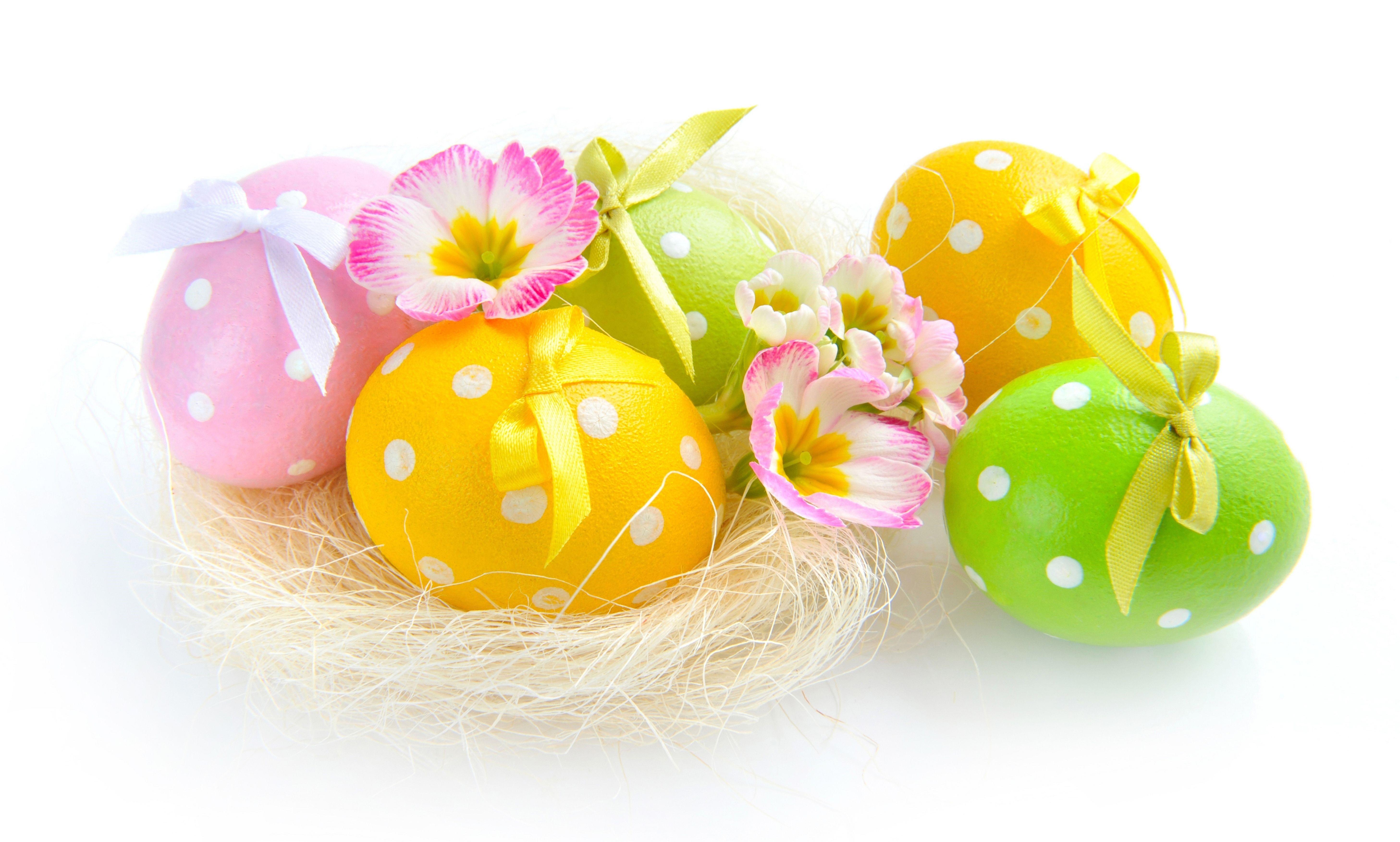 Polka Dot Easter Eggs in a Nest with Flowers HD Wallpaper