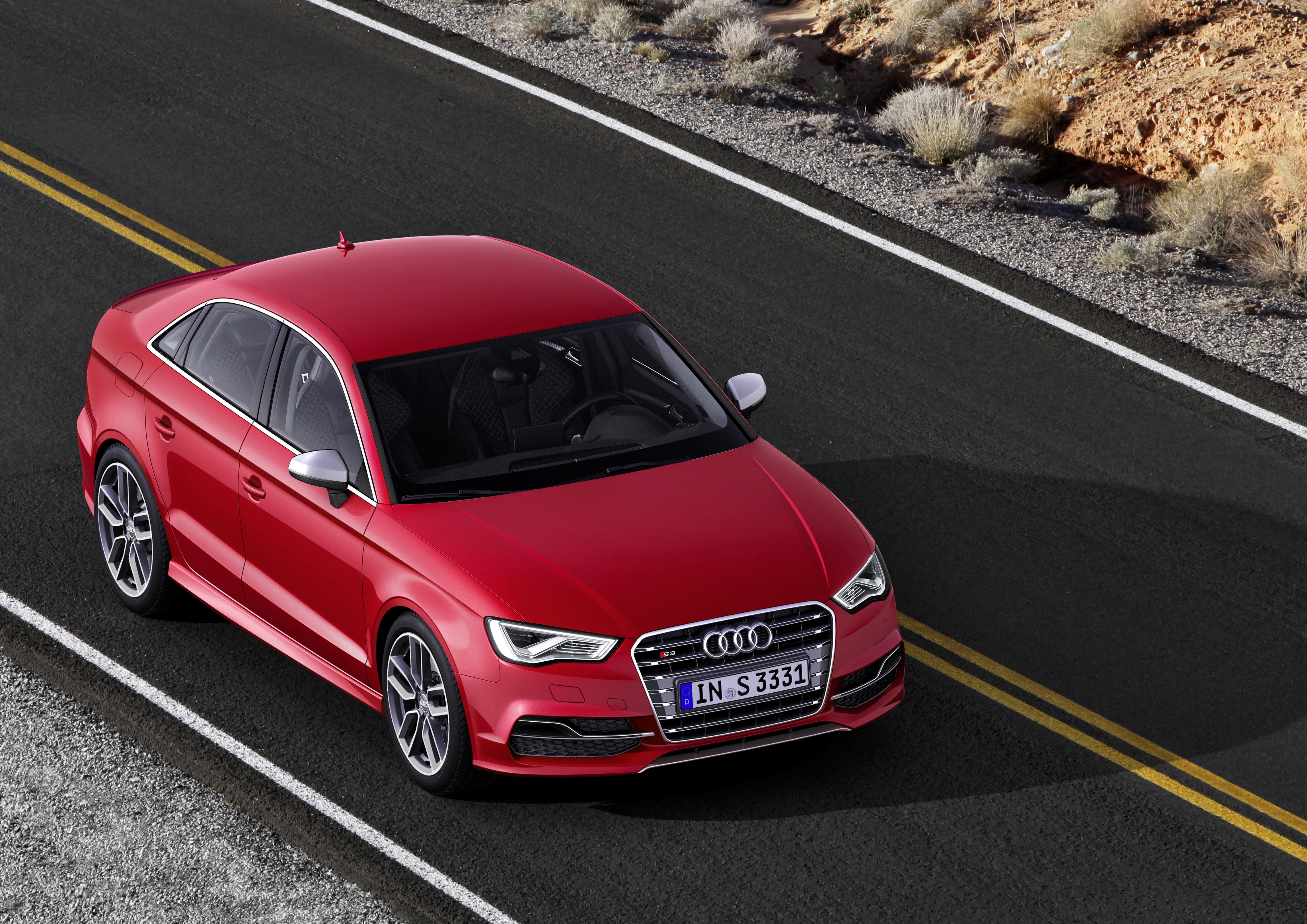 Red Audi S3 on a Desert Road HD Wallpaper