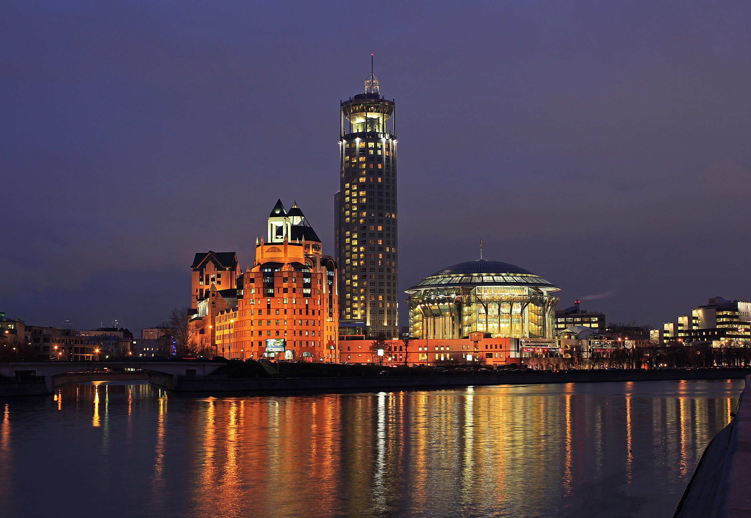 Moscow skyline at night with river reflection HD Wallpaper