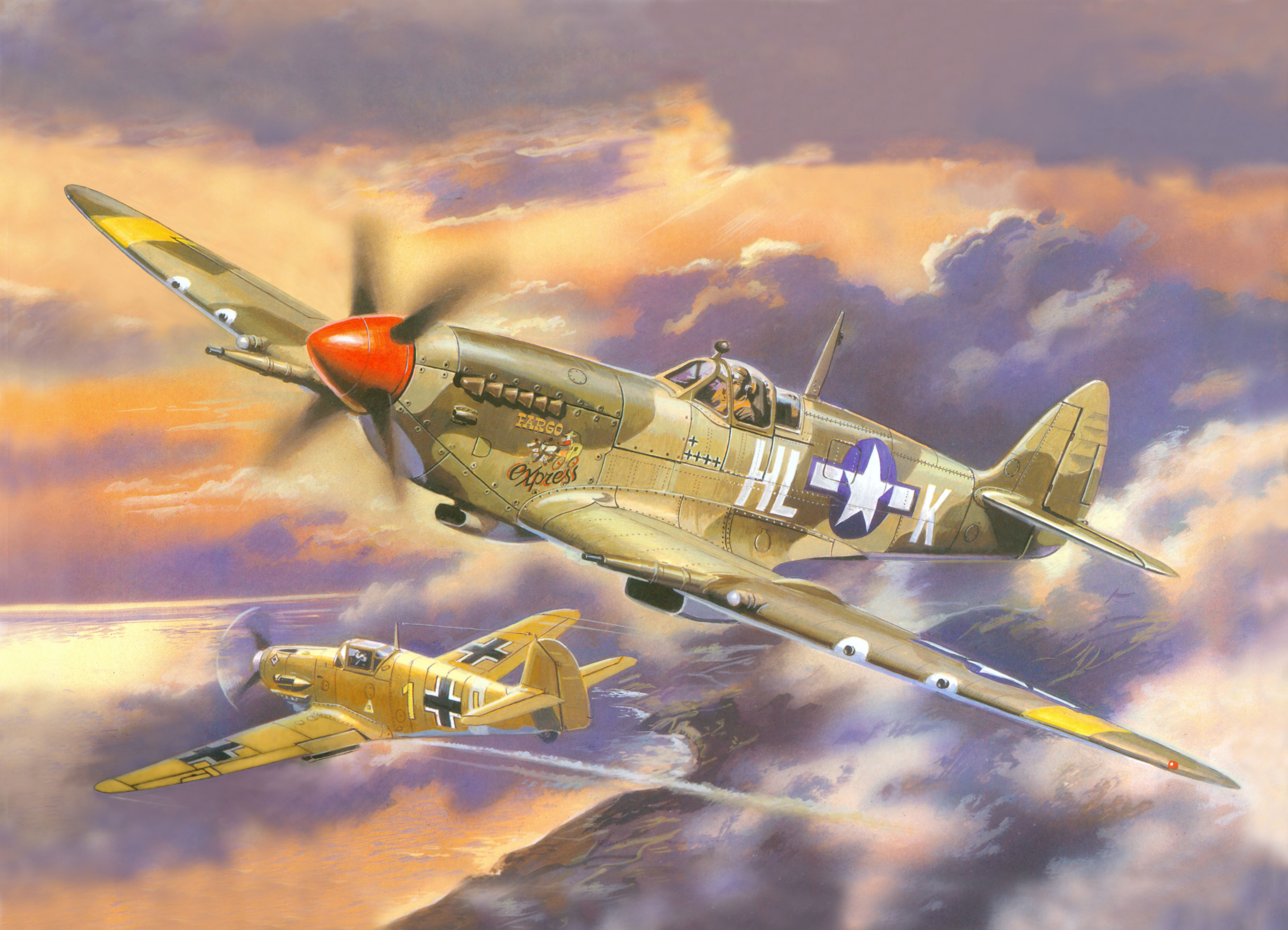 Spitfire Mk.8 and Messerschmitt Bf 109 in flight HD Wallpaper