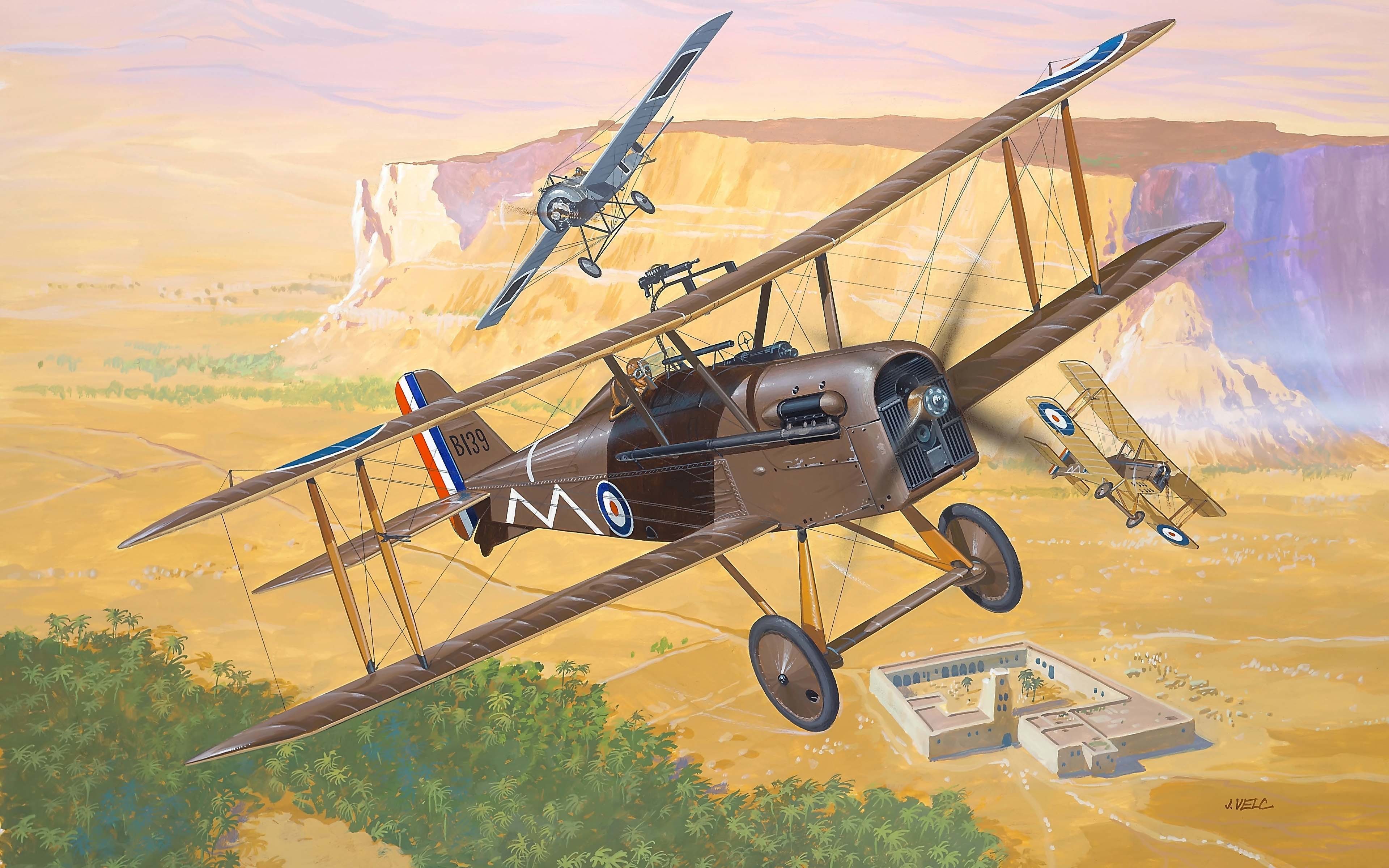 Royal Aircraft Factory S.E.5a Airplanes in Desert Landscape HD Wallpaper