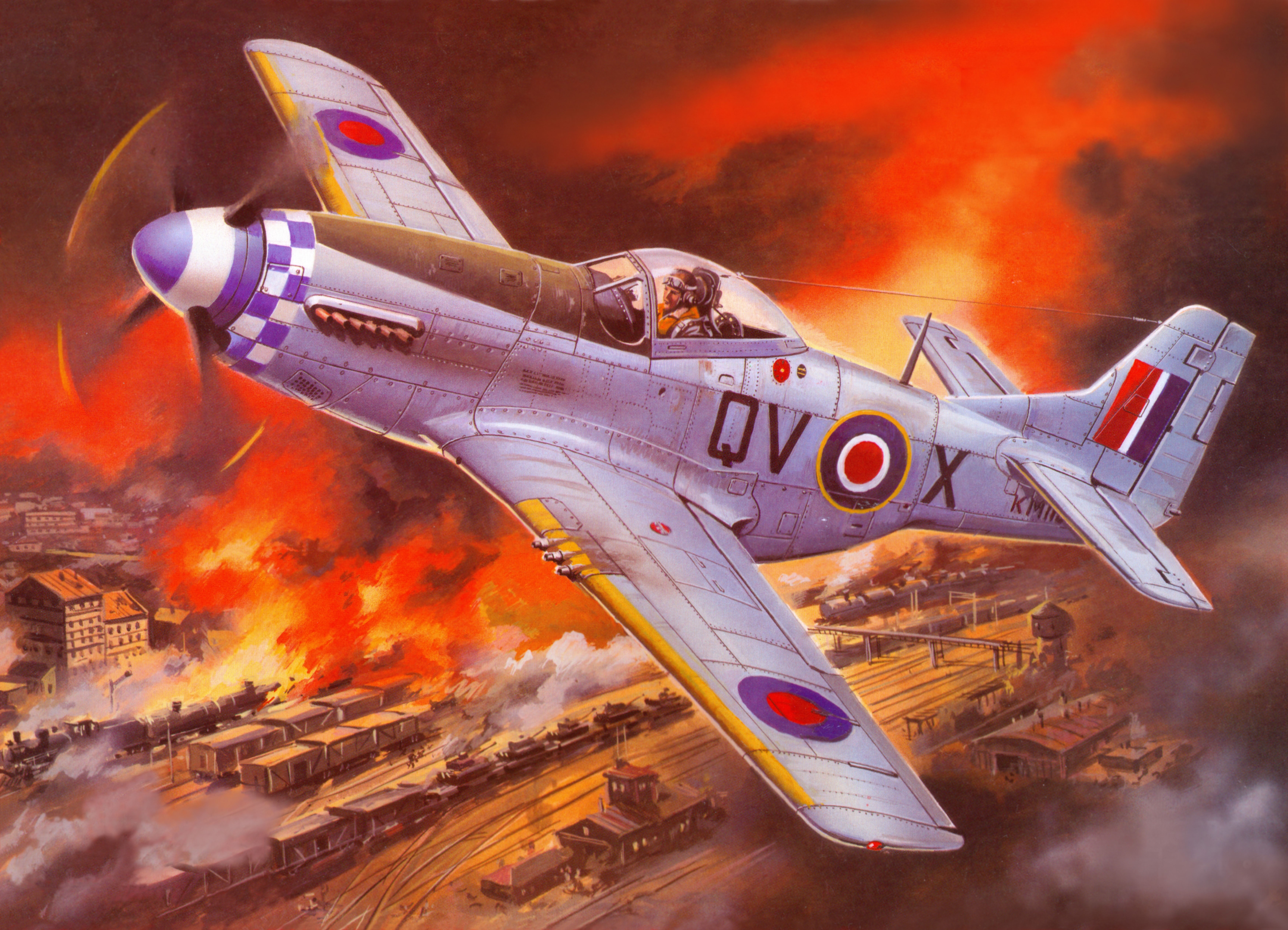 Mustang Mk.4A airplane attacking a burning train yard HD Wallpaper