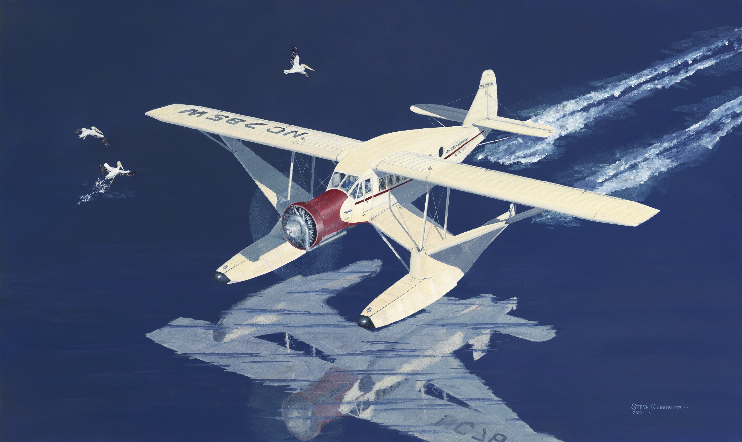 Painting of a seaplane taking off with birds HD Wallpaper