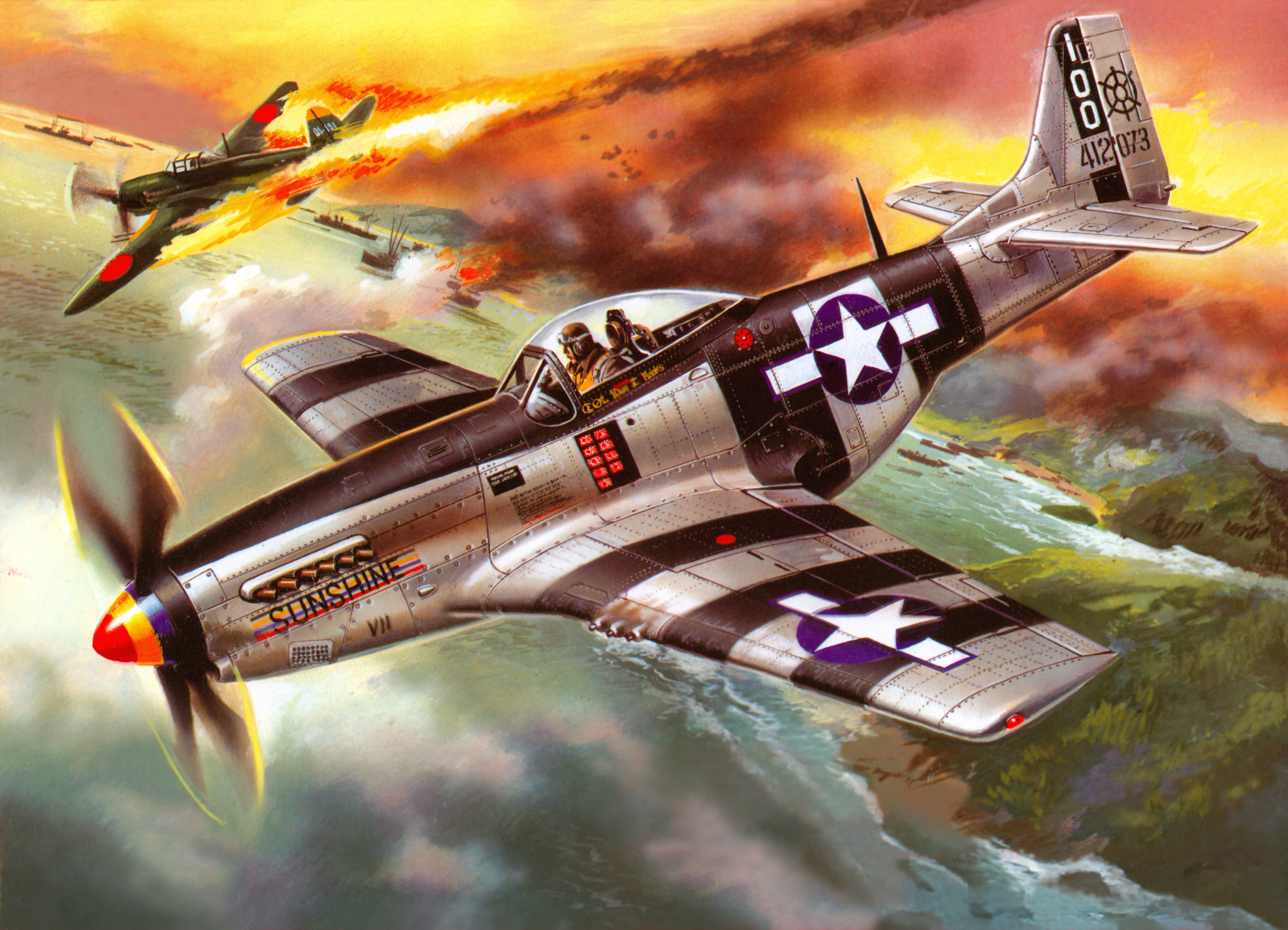 P-51K Mustang "Sunshine" in aerial combat HD Wallpaper