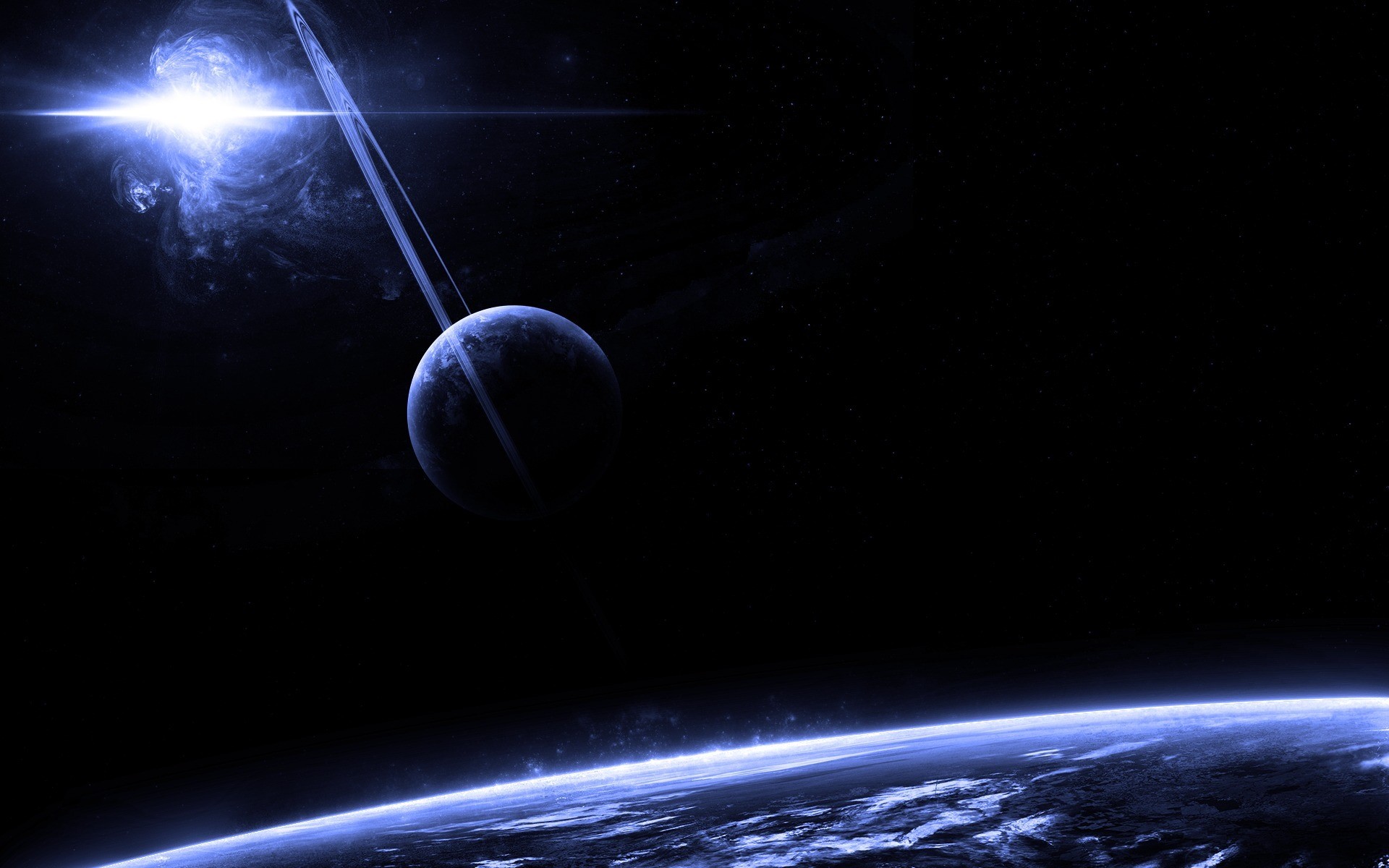 Planet with rings and bright star in deep space HD Wallpaper
