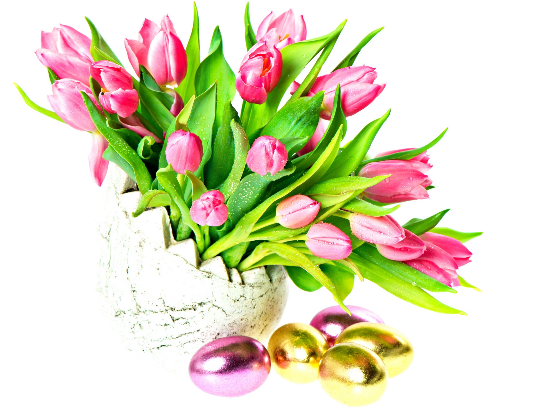 Pink Tulips in Egg Vase with Easter Eggs HD Wallpaper
