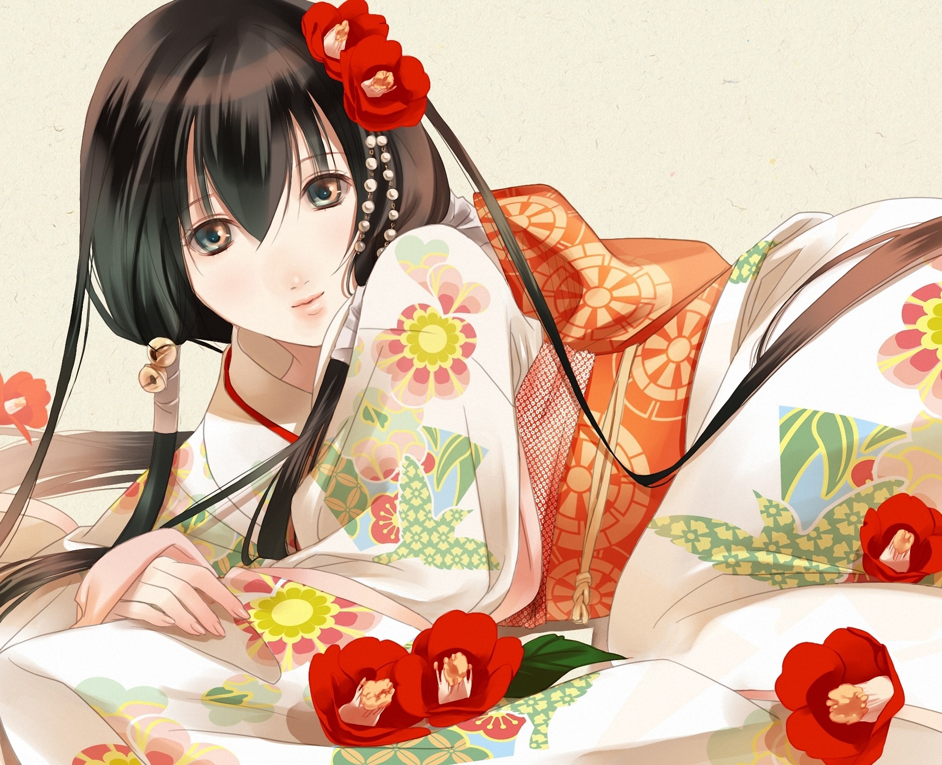 Brunette girl in a kimono with flowers HD Wallpaper
