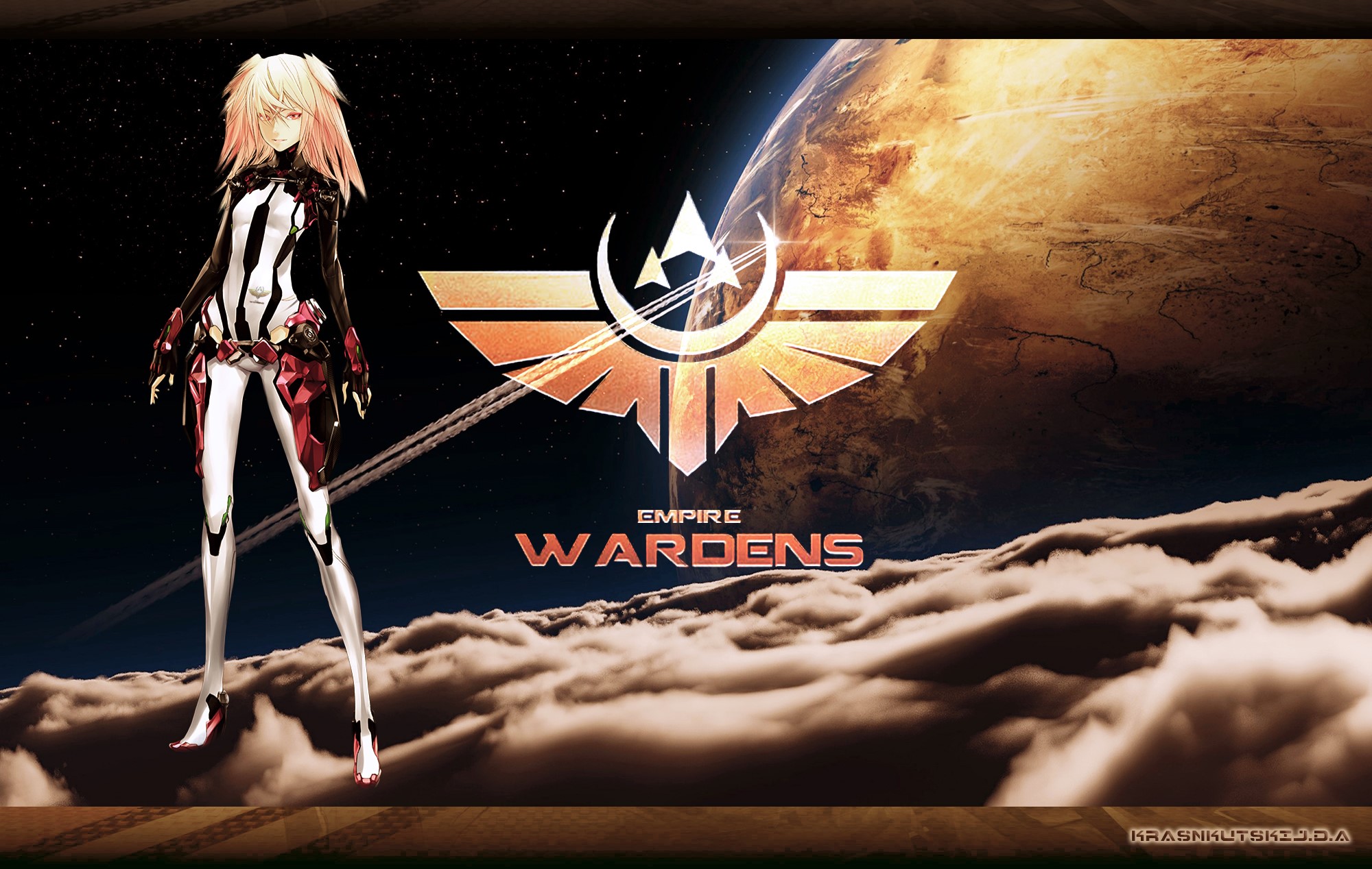Empire Wardens anime character with logo and planet HD Wallpaper