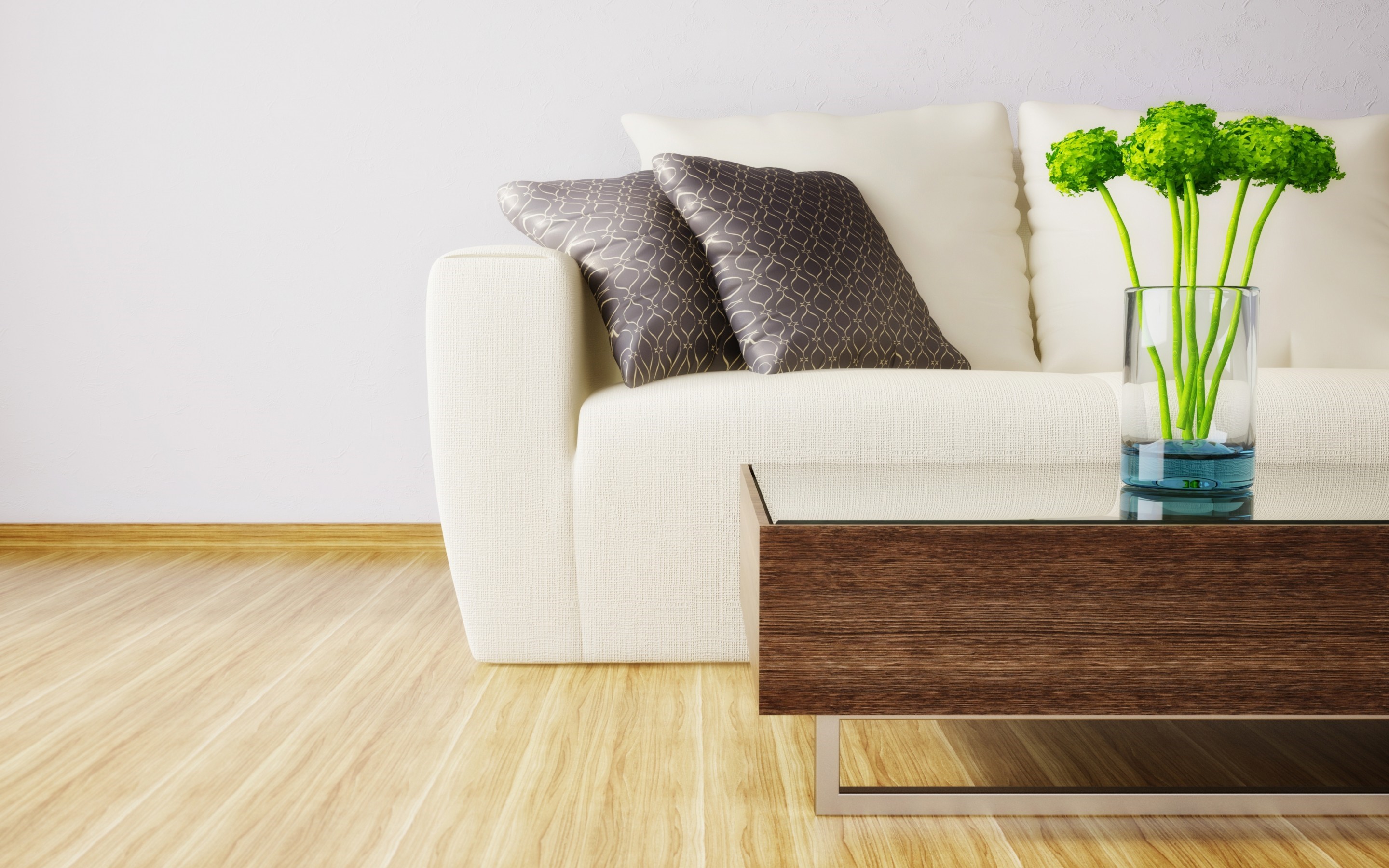 Living room with sofa, pillows, and vase HD Wallpaper