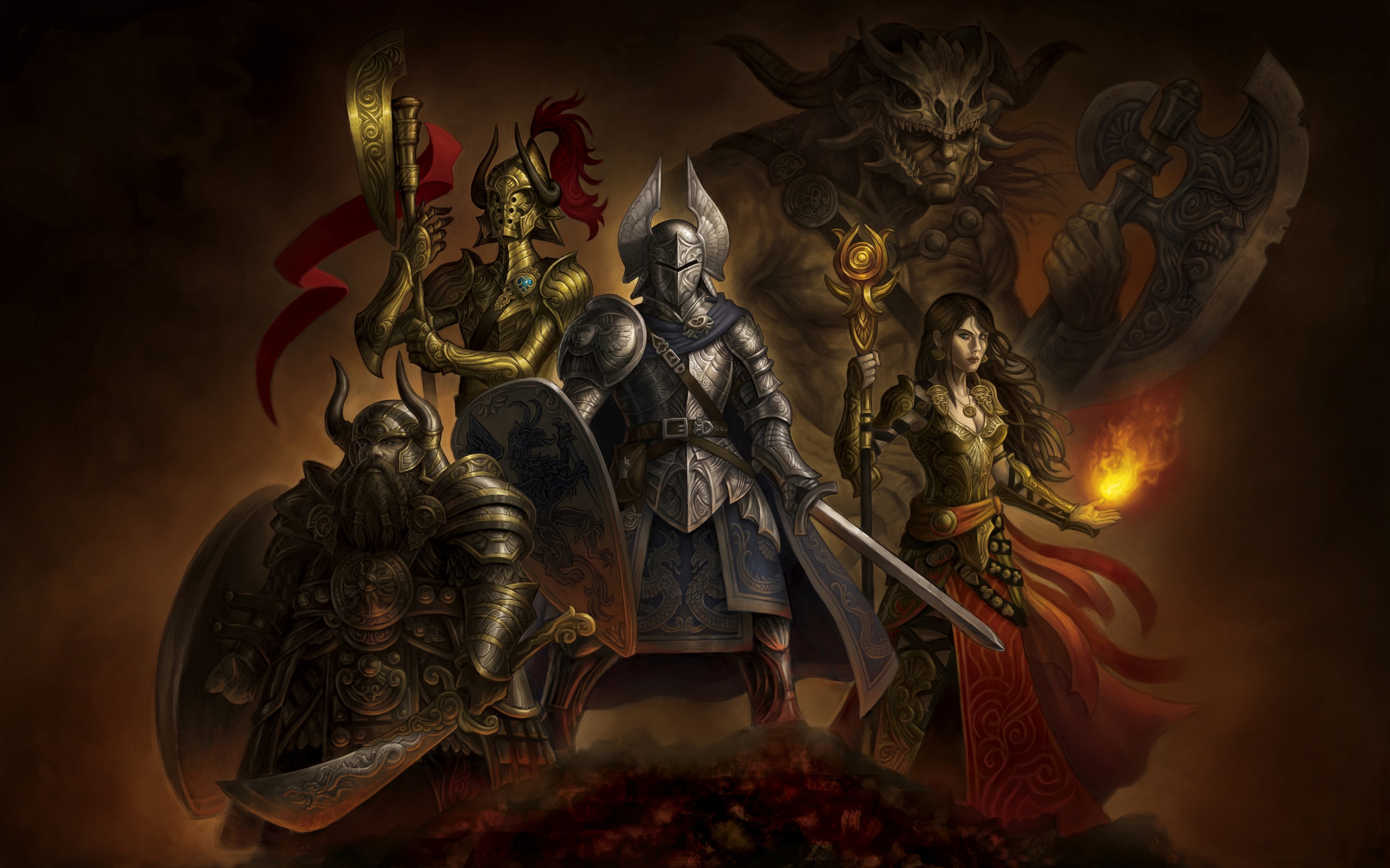 Fantasy warriors and a demon with weapons HD Wallpaper