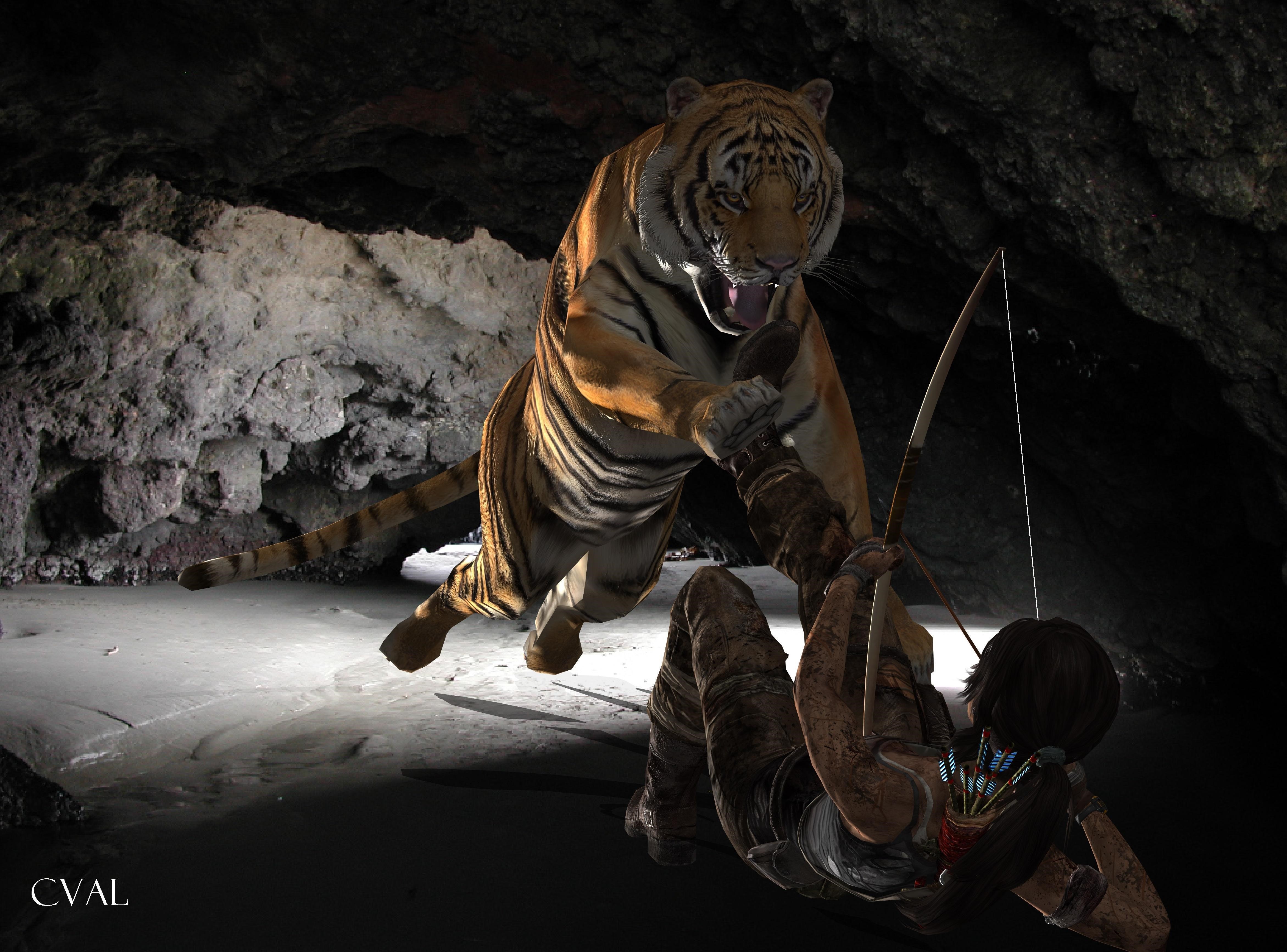 Lara Croft from Tomb Raider fighting a tiger in a cave HD Wallpaper