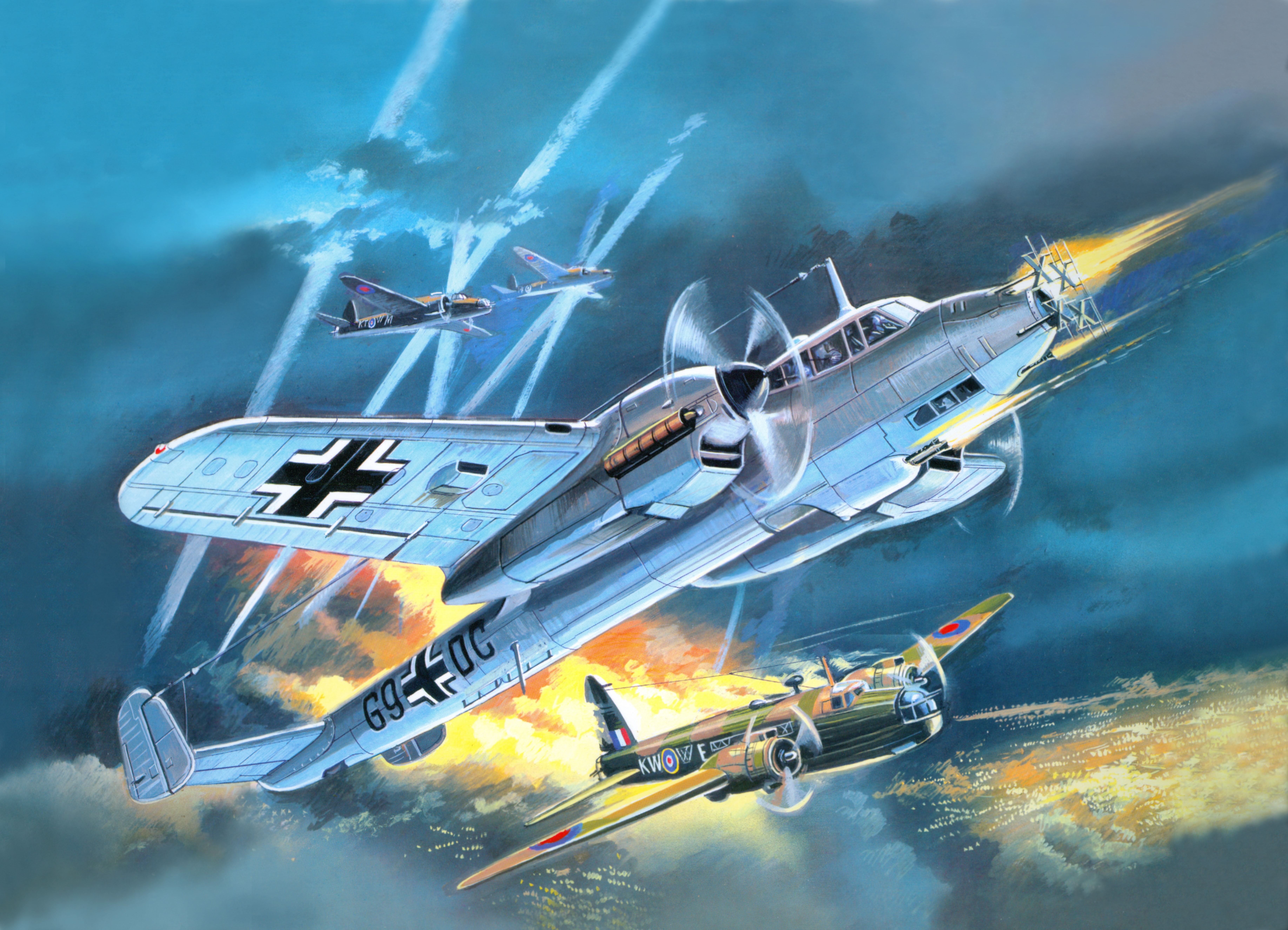 Dornier Do-215B-5 Bomber and Hawker Hurricane during aerial combat HD Wallpaper