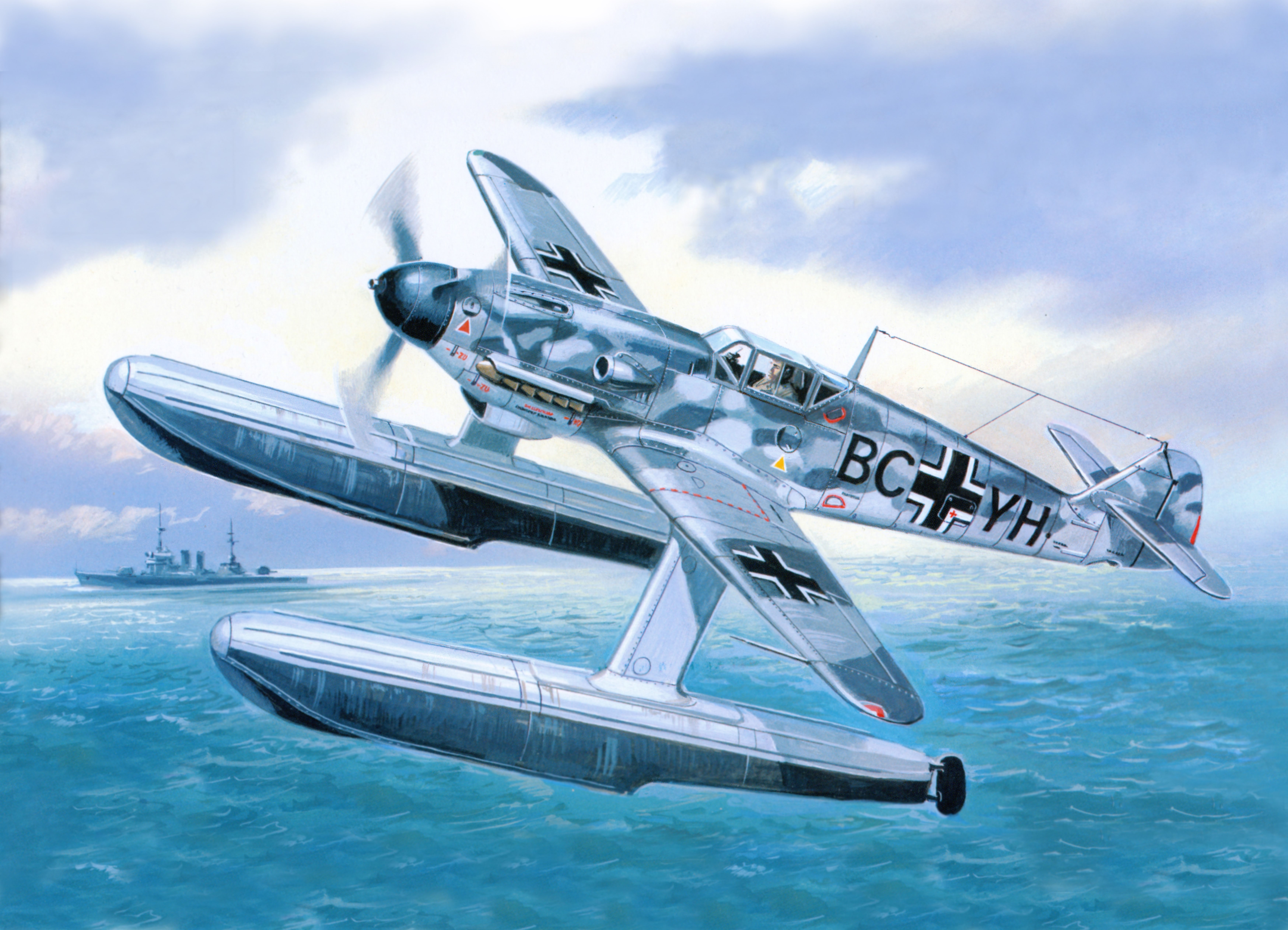 Bf-109W-1 seaplane flying over water with a ship in background HD Wallpaper