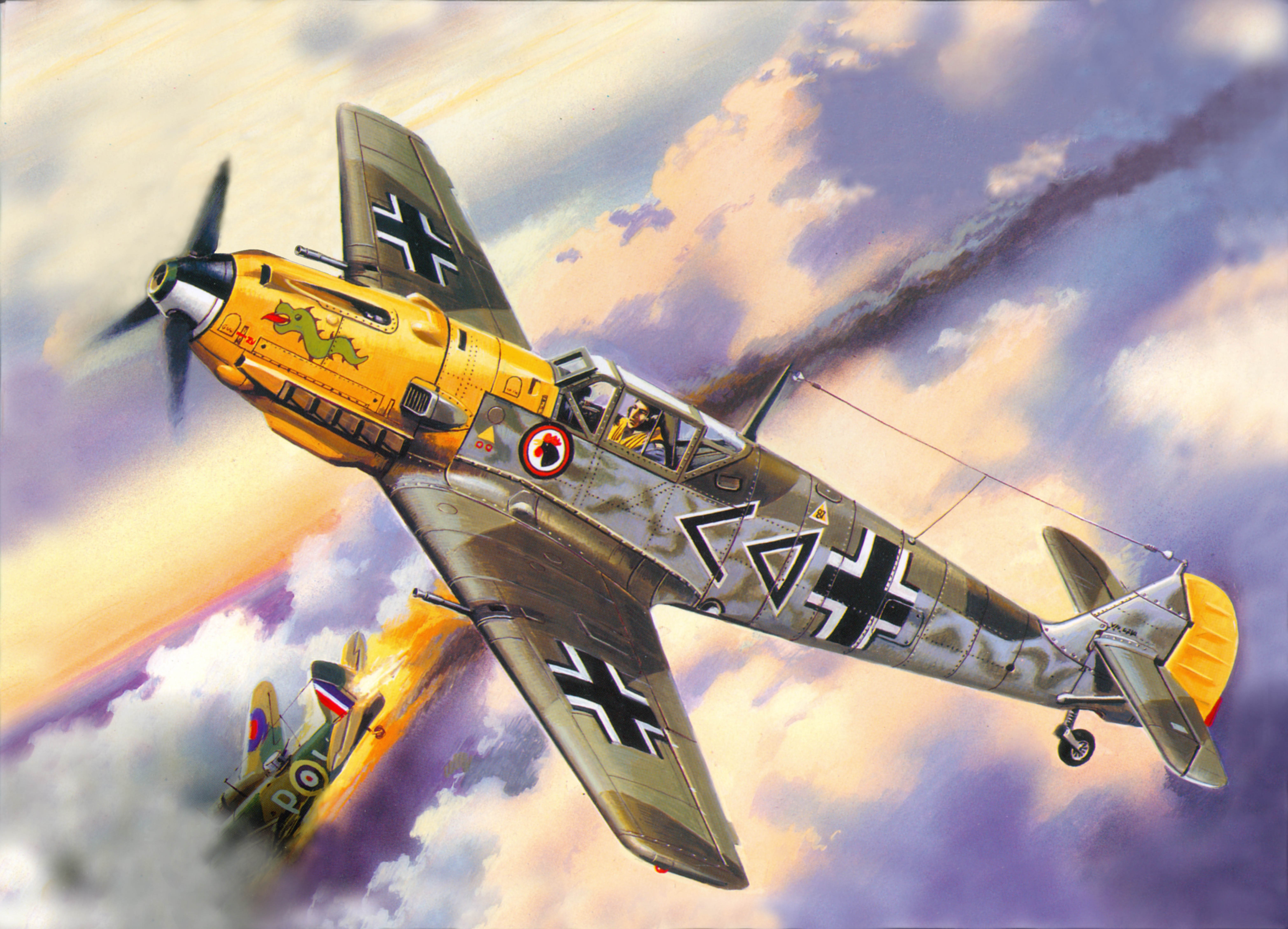 Messerschmitt Bf 109 and Spitfire in combat HD Wallpaper