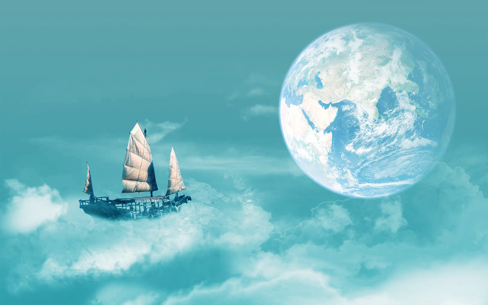 A ship sails through clouds near Earth HD Wallpaper