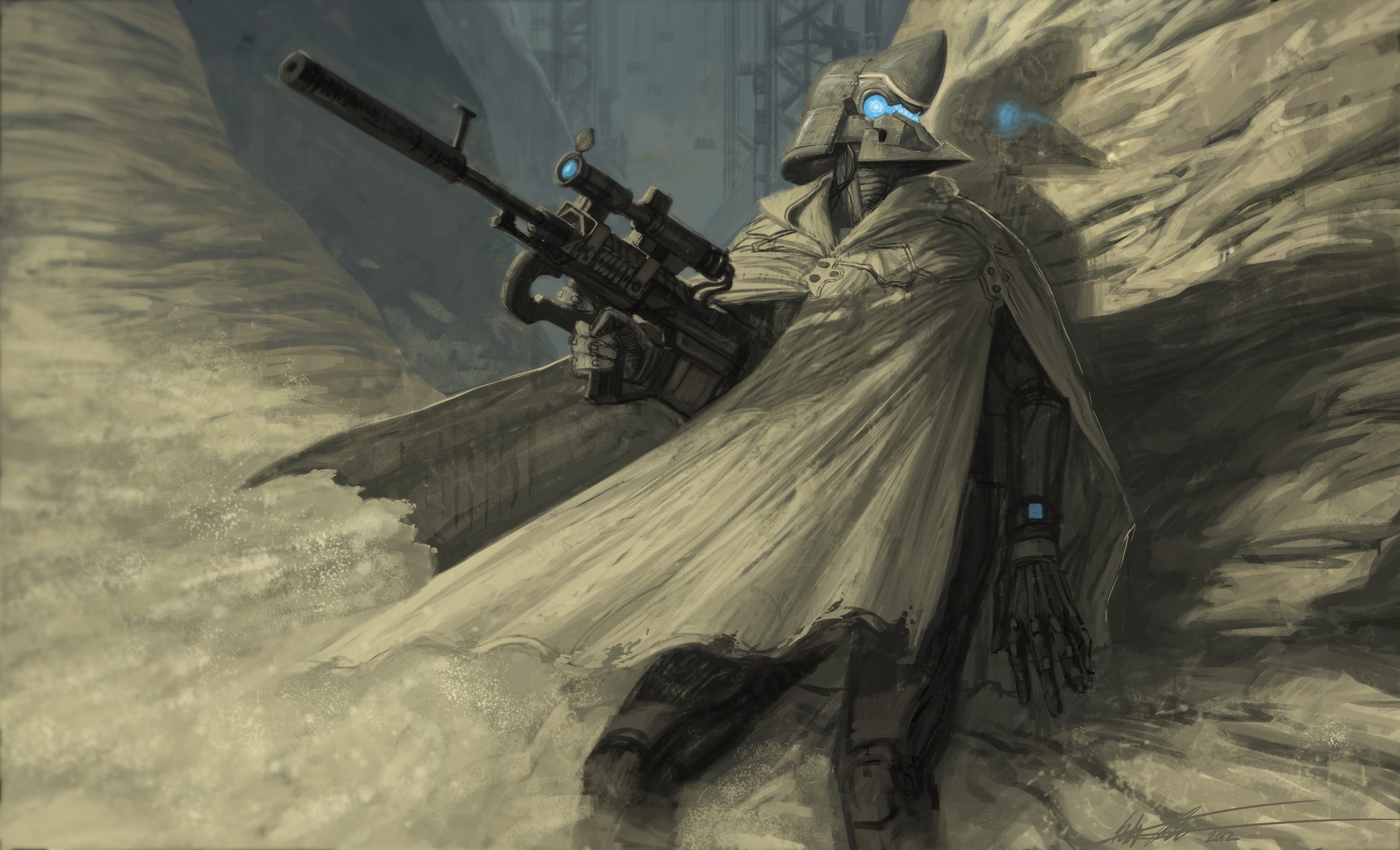 Robot sniper in a desert landscape HD Wallpaper
