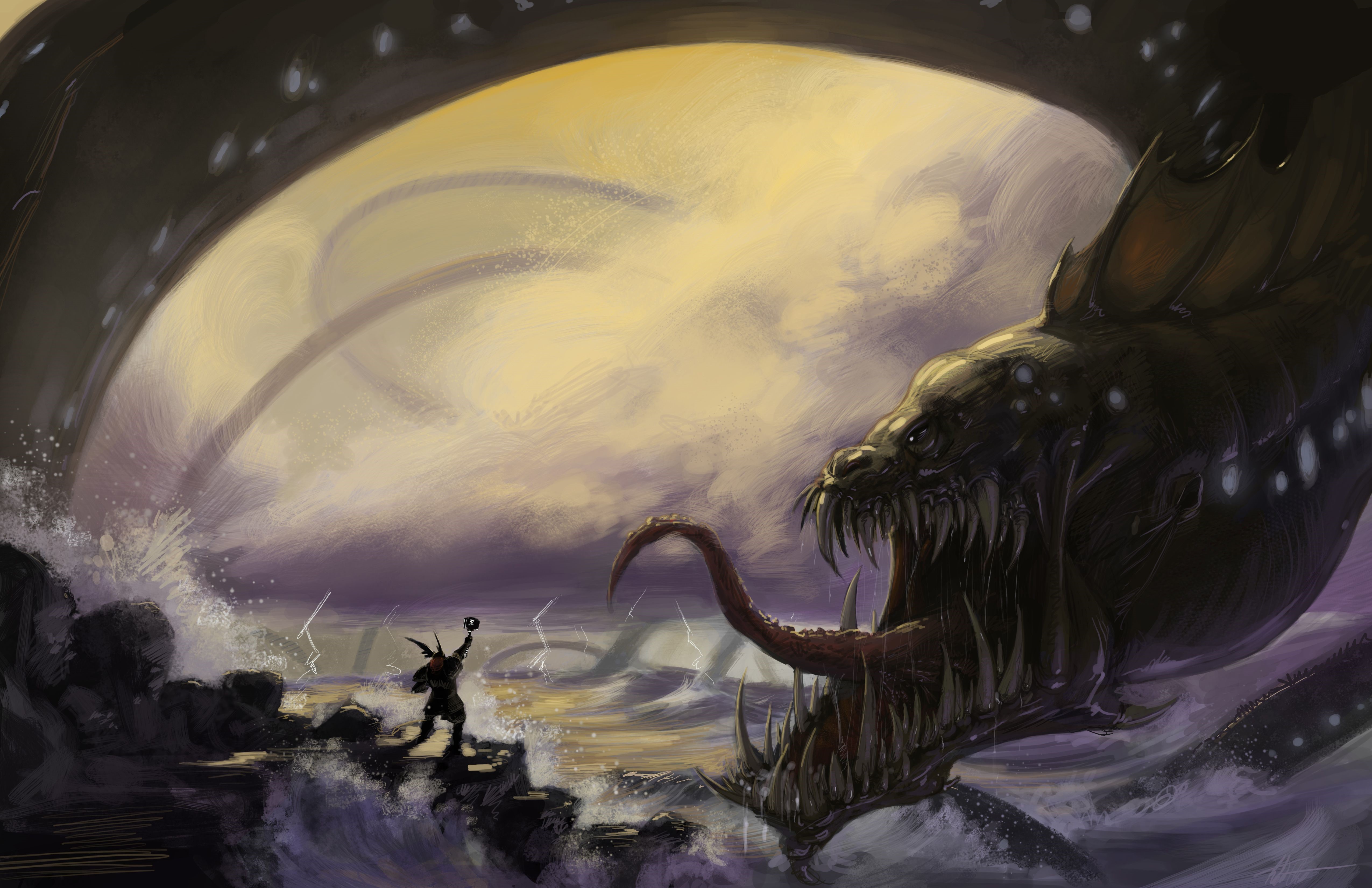 Monster and Warrior Facing Off HD Wallpaper