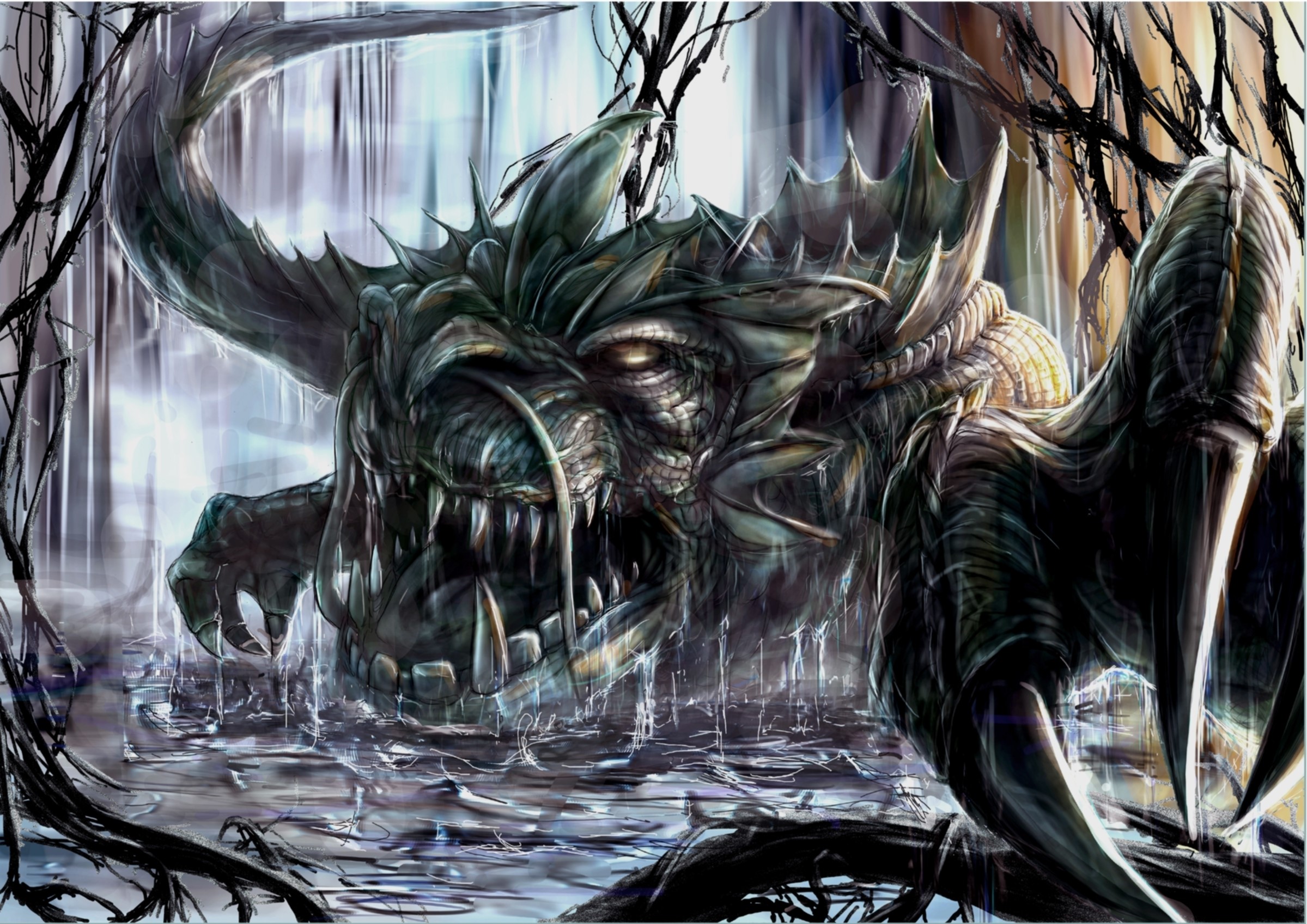 A monstrous creature with sharp teeth and horns emerges from water HD Wallpaper