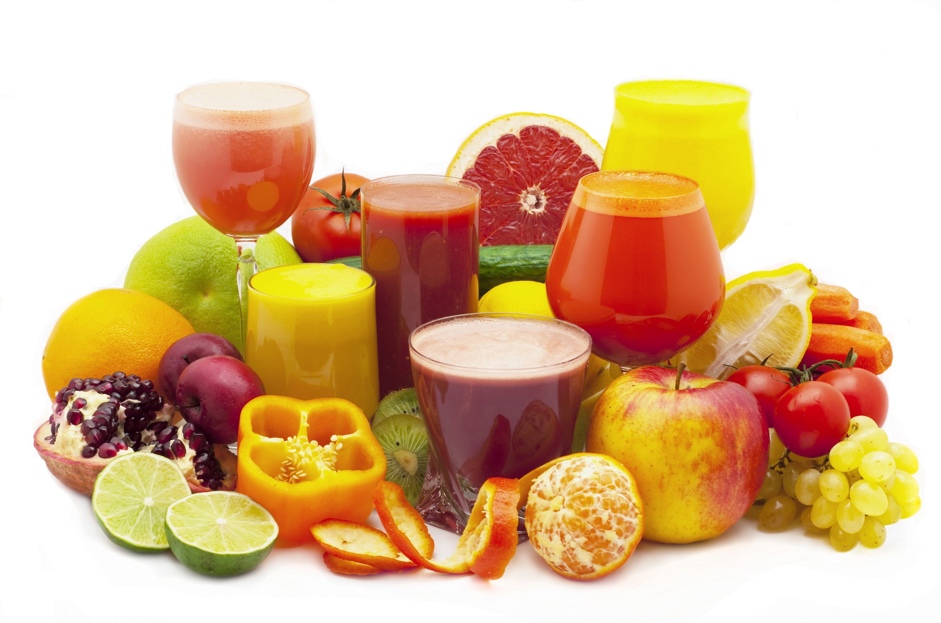 Assortment of fresh juices and fruits HD Wallpaper